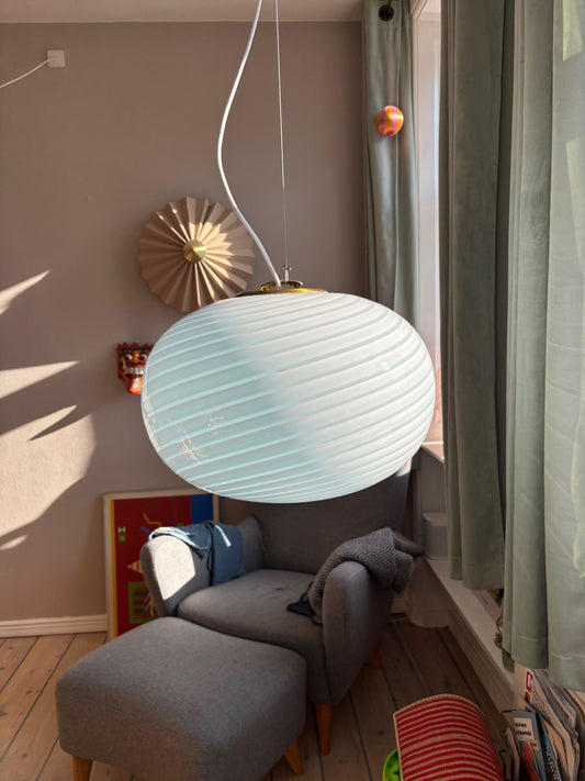 Kæmpe oval vintage Murano pendel i cloud blå swirl 47 cm