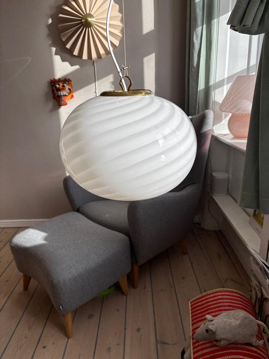 Vintage oval Murano pendel i hvid swirl 30 cm