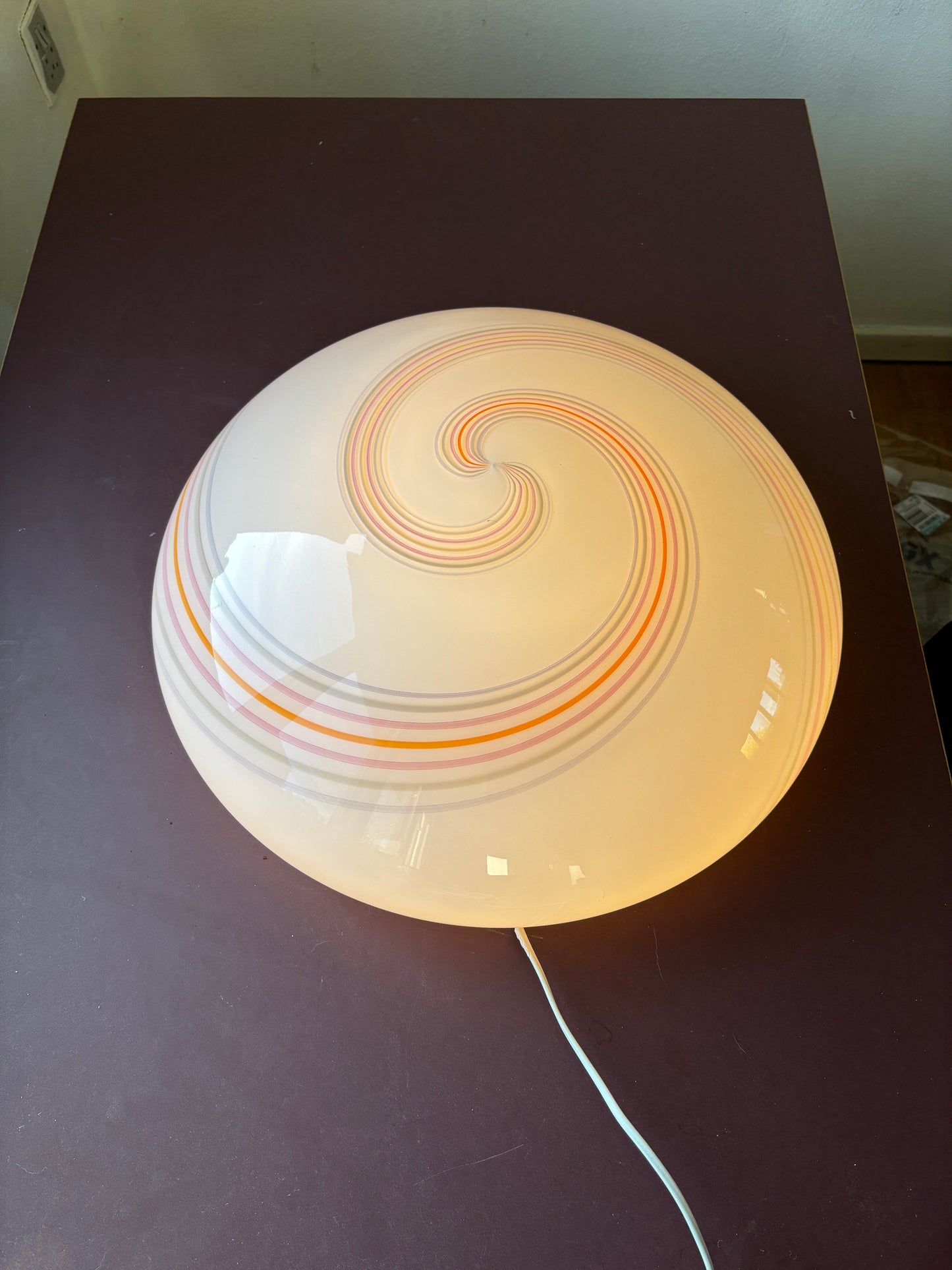 Kæmpe vintage Murano plafond med gråt, gult, lyserødt og orange swirl 50 cm