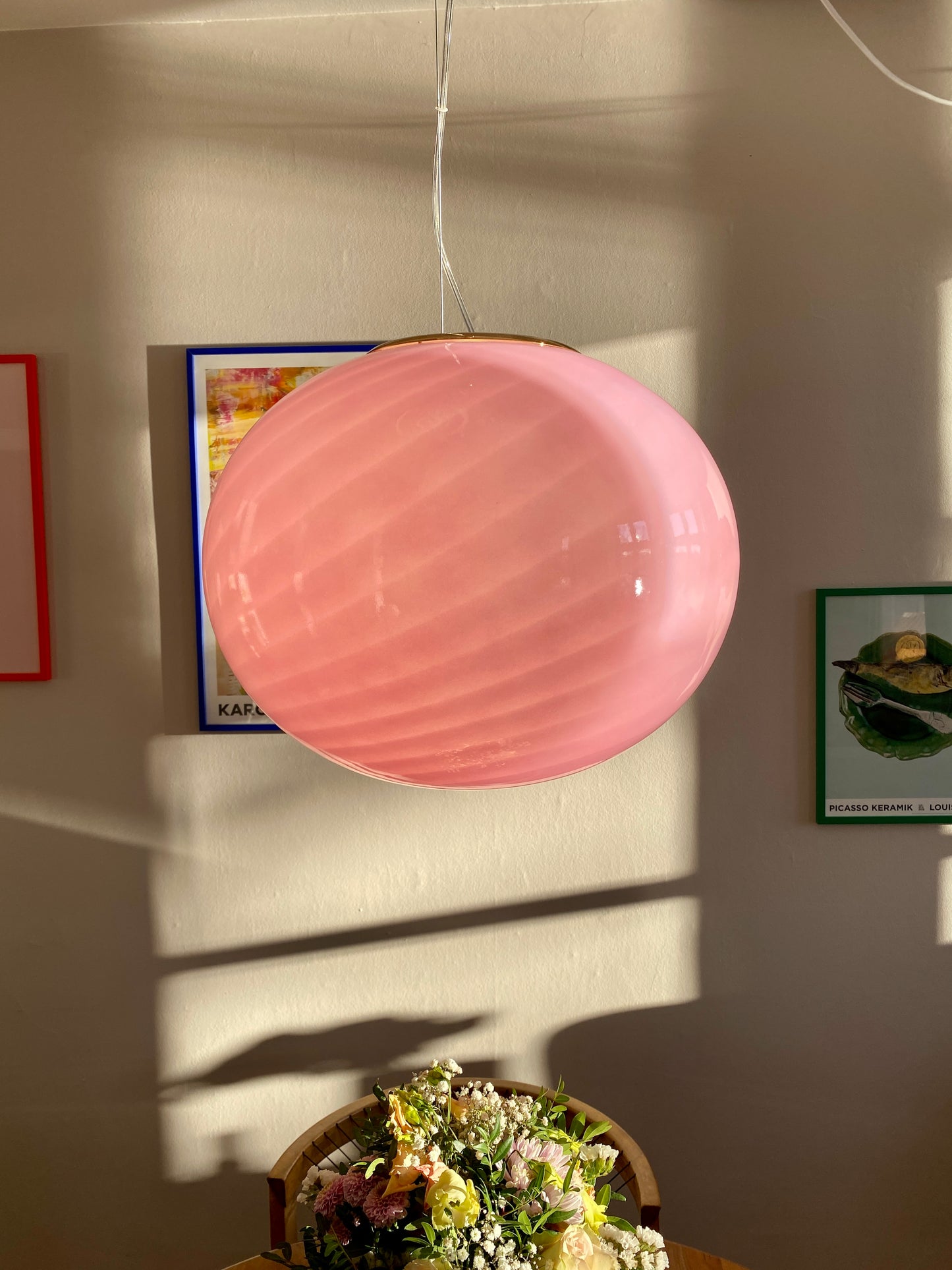 Oval Murano loftslampe i pink swirl 40 cm