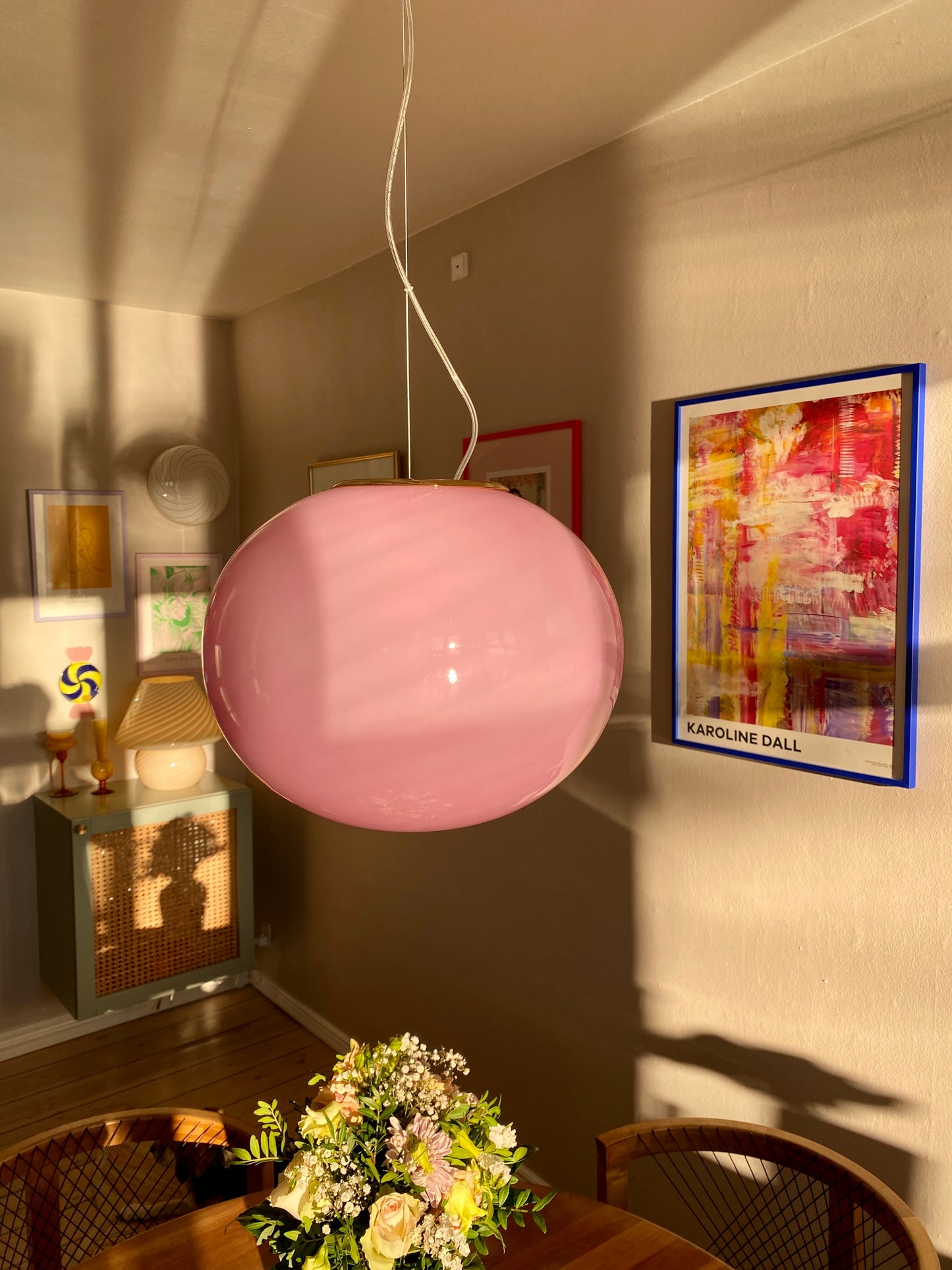 Oval Murano loftslampe i pink swirl 40 cm