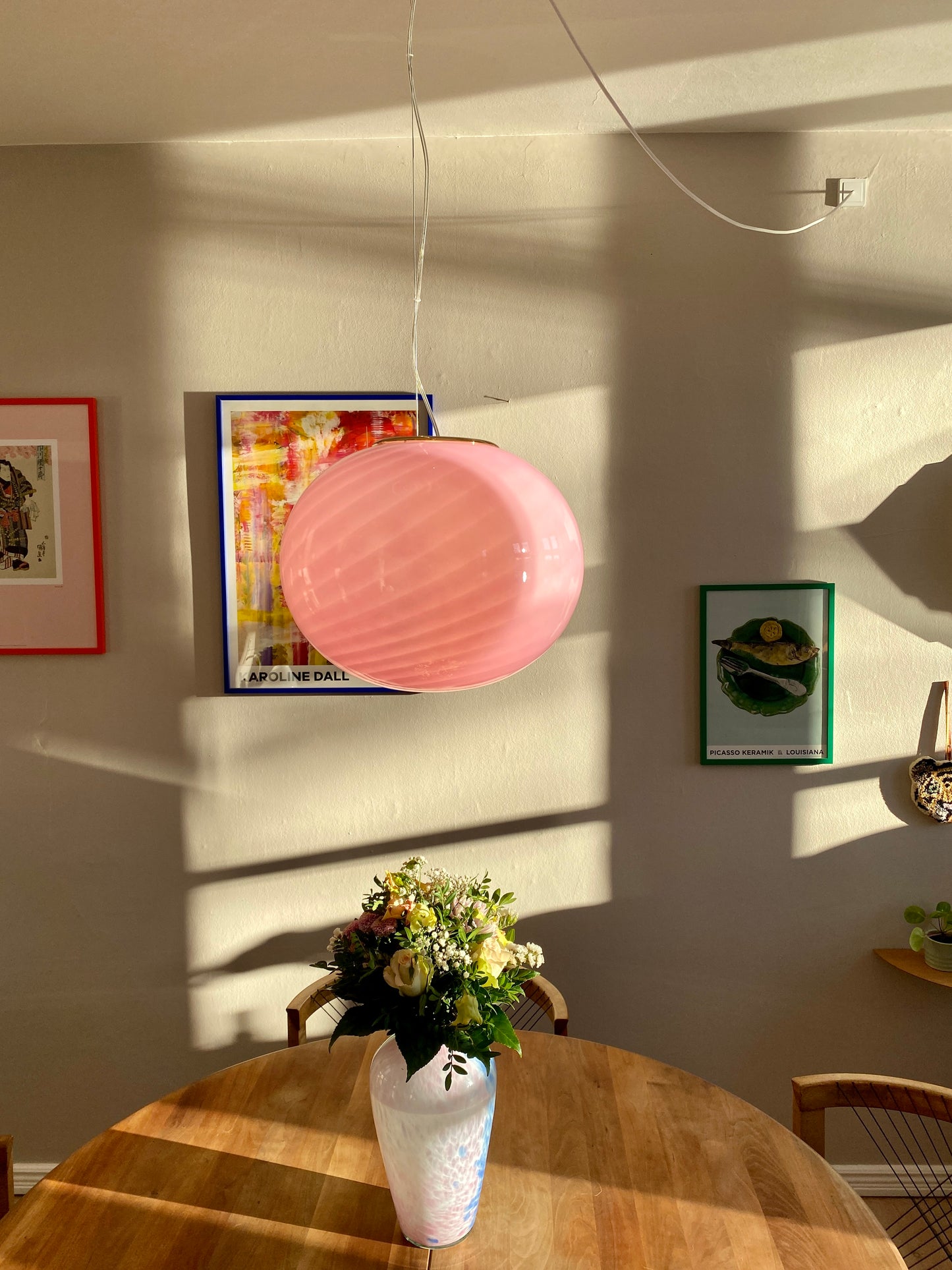 Oval Murano loftslampe i pink swirl 40 cm