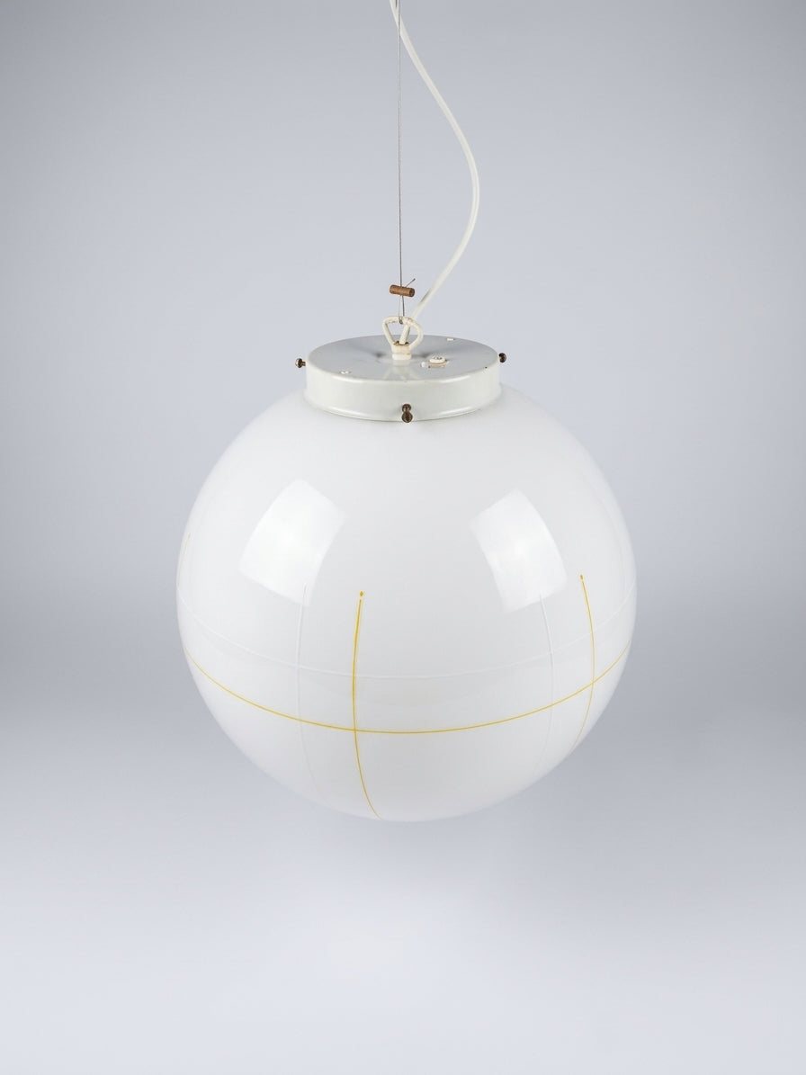 Vintage Murano pendel i hvidt opglas med hvidt og gult mønster 40 cm