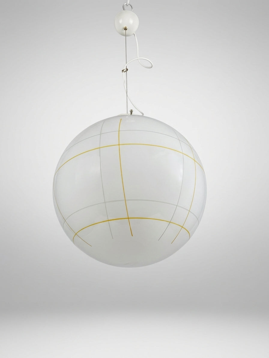 Vintage Murano pendel i hvidt opglas med hvidt og gult mønster 40 cm