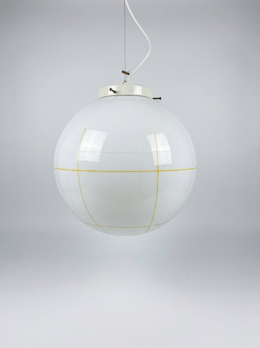 Vintage Murano pendel i hvidt opglas med hvidt og gult mønster 40 cm
