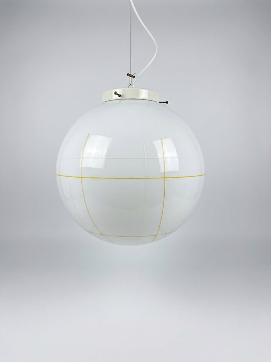 Vintage Murano pendel i hvidt opglas med hvidt og gult mønster 40 cm