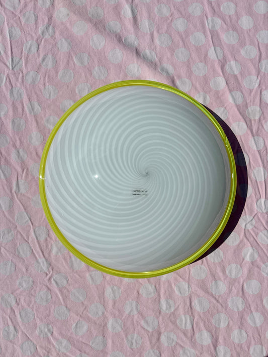 Vintage Murano plafond med hvidt swirl og gul kant 40 cm