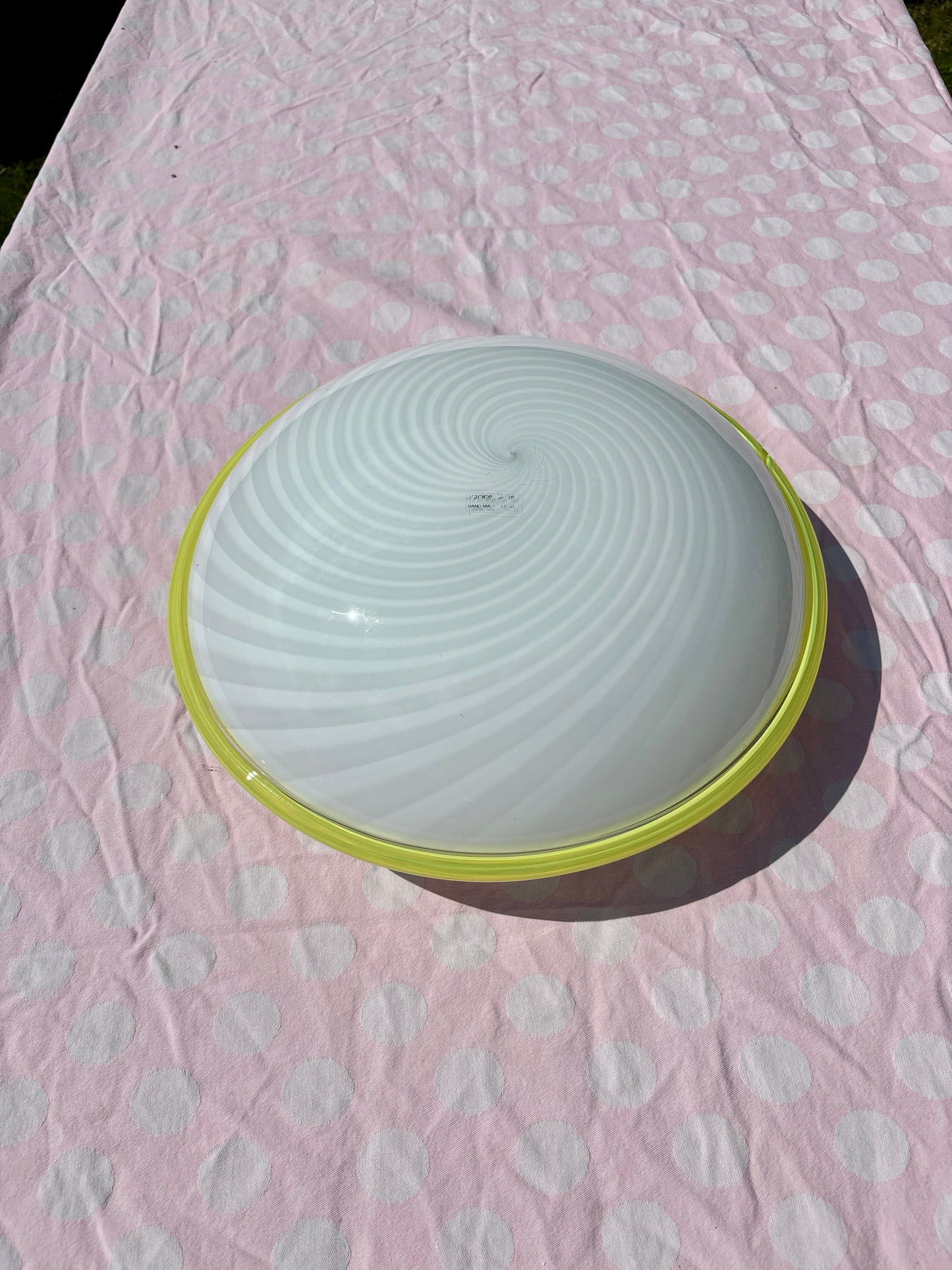 Vintage Murano plafond med hvidt swirl og gul kant 40 cm