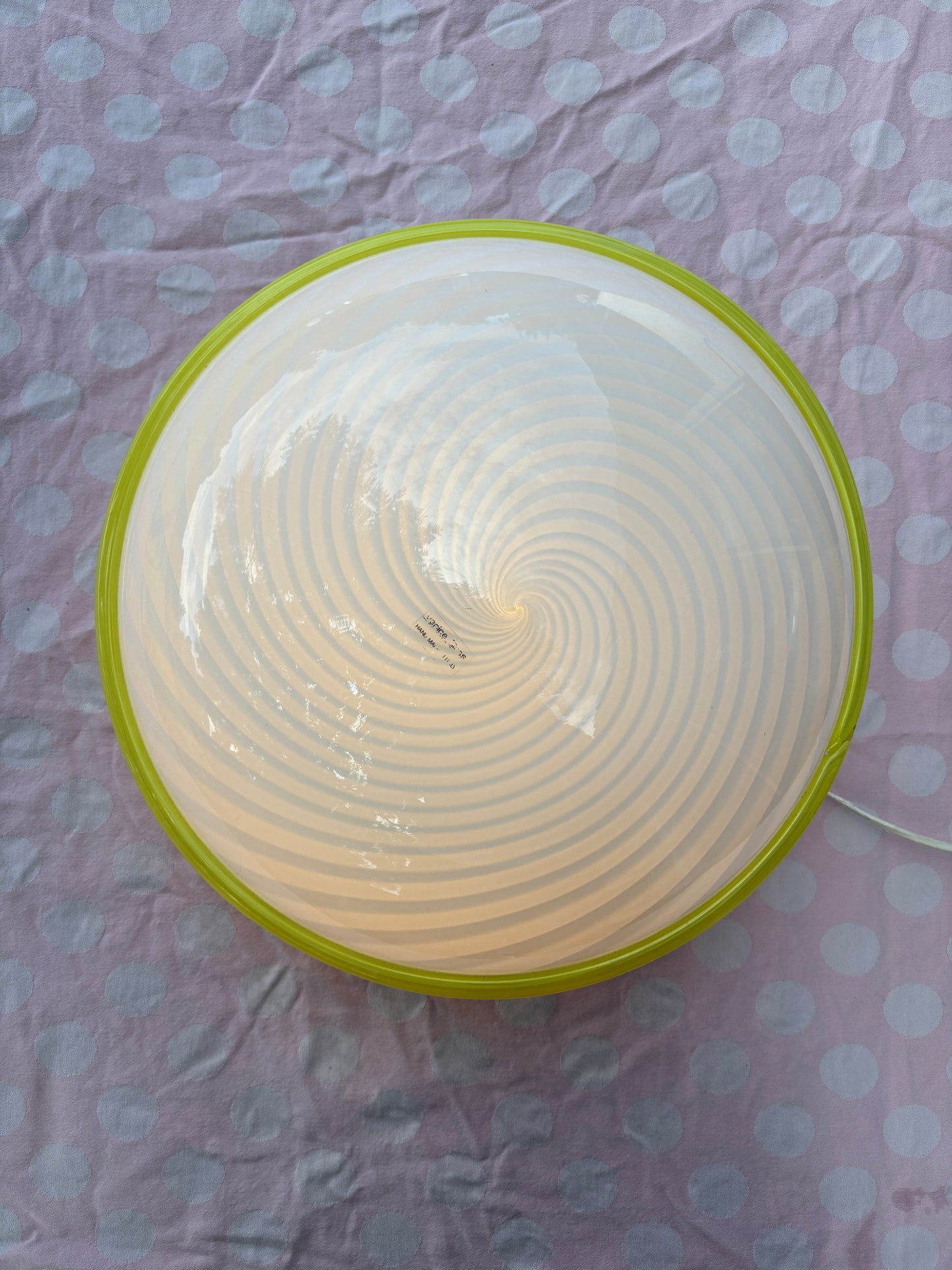 Vintage Murano plafond med hvidt swirl og gul kant 40 cm