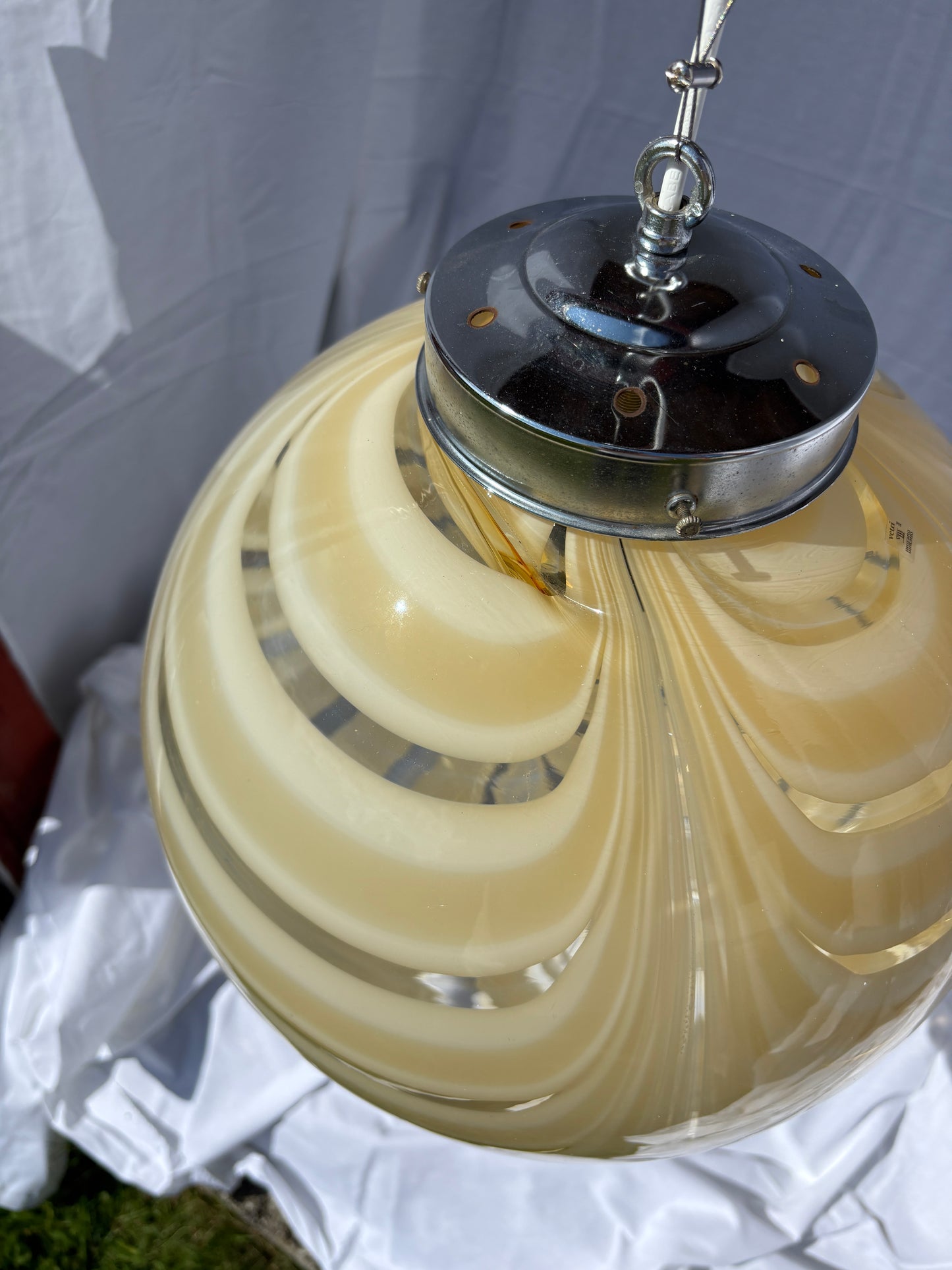 Vintage Murano pendel gult og hvidt mønster 35 cm