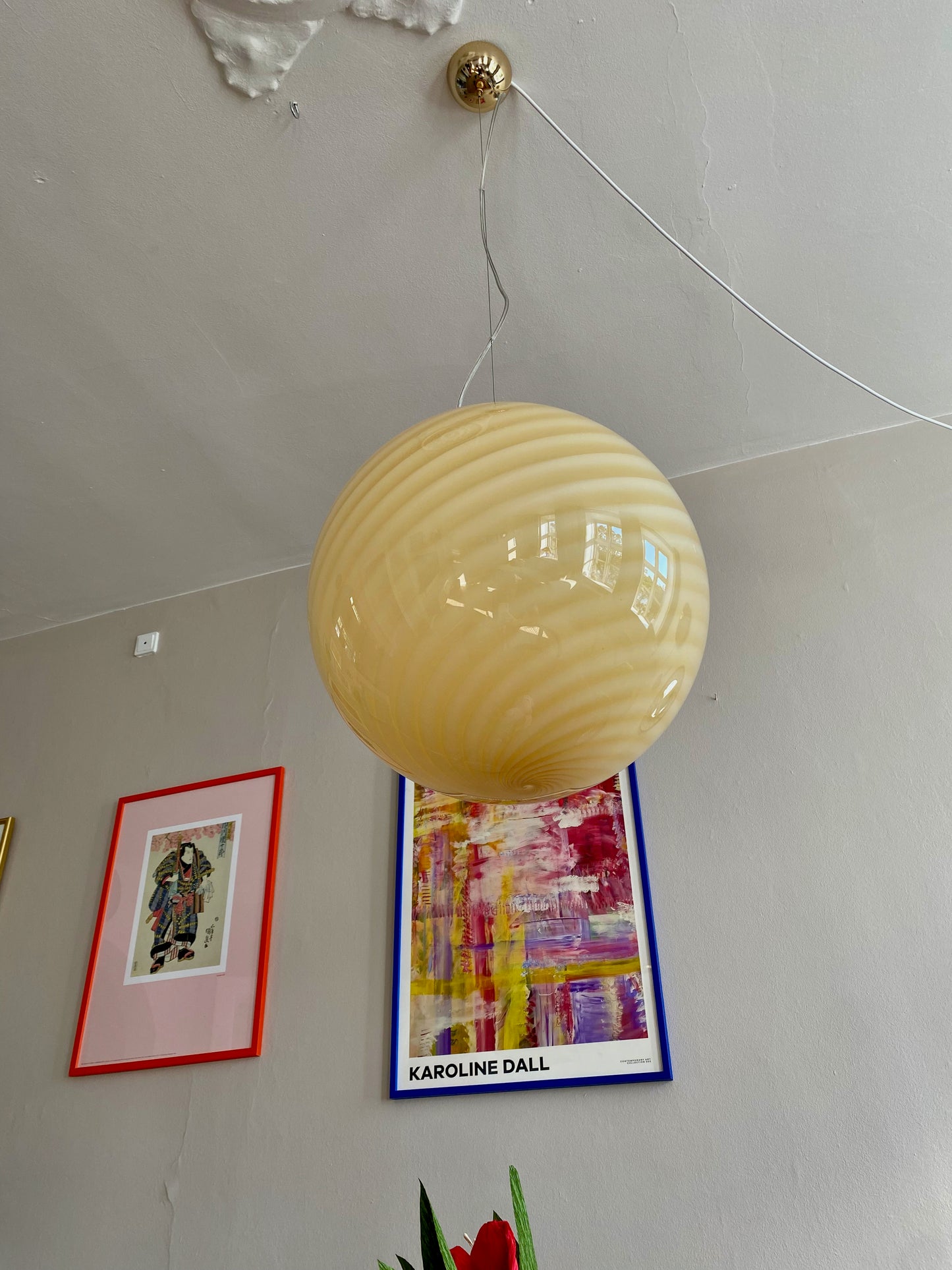 Murano loftslampe i gul swirl rigadin 40 cm