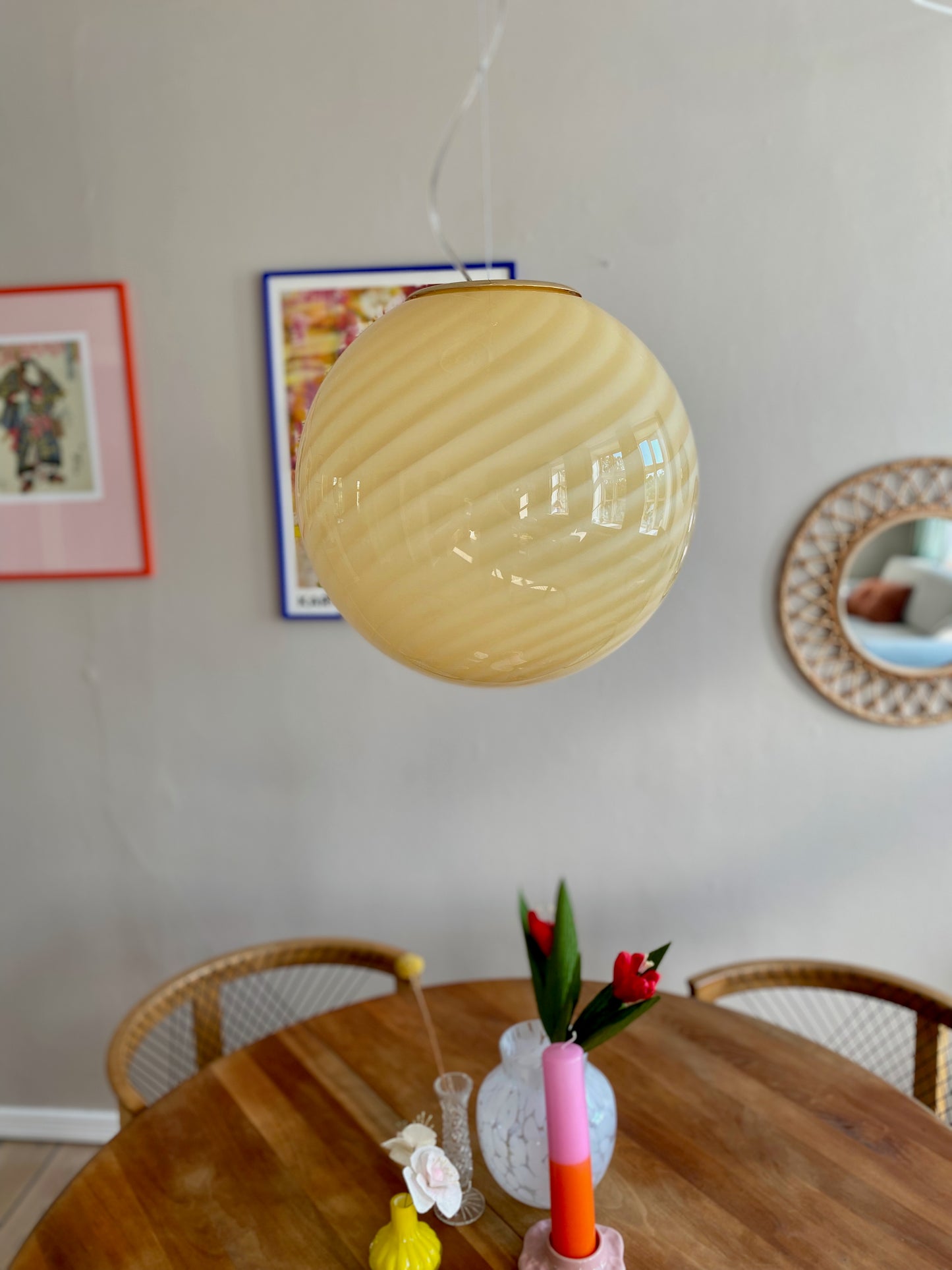 Murano loftslampe i gul swirl rigadin 40 cm