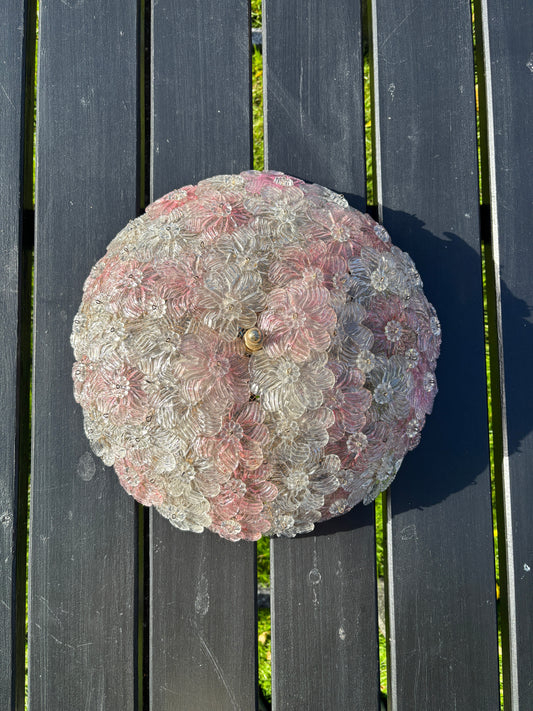 Vintage Murano blomster plafond i lyserødt og klart glas 36 cm