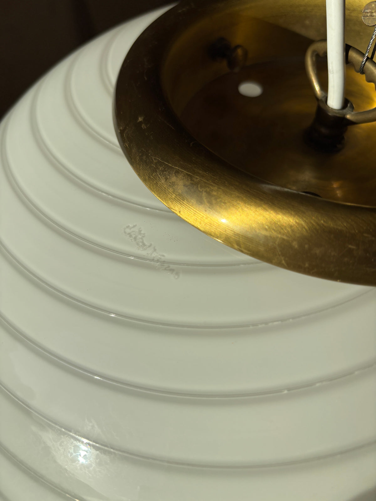Vintage oval Effetre Murano loftslampe hvid swirl 40 cm