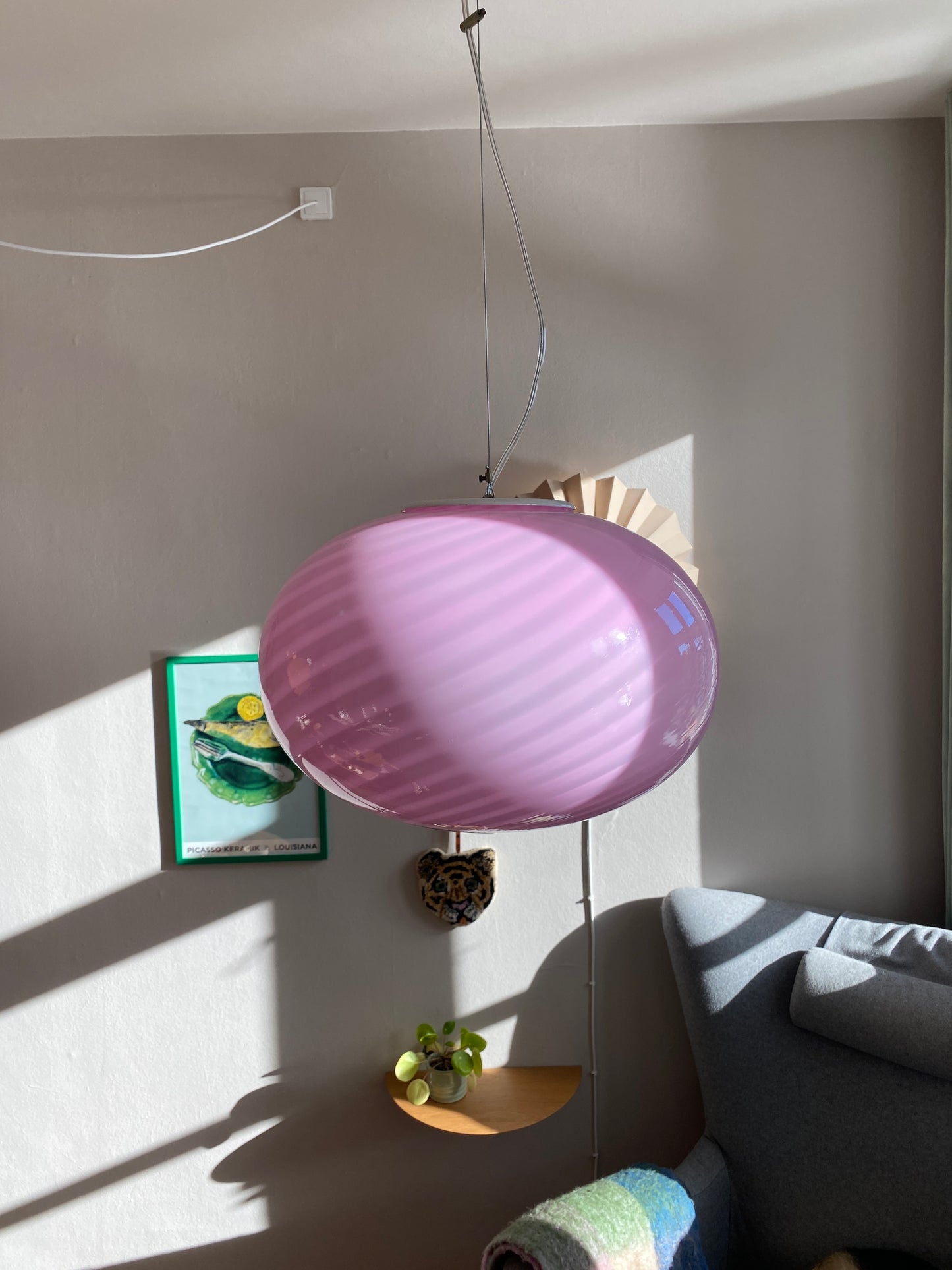 Vintage Murano loftslampe i oval med pink swirl rigadin 40 cm