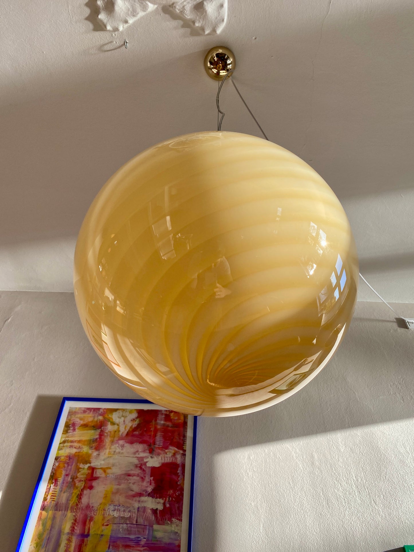Murano loftslampe i gul swirl rigadin 40 cm