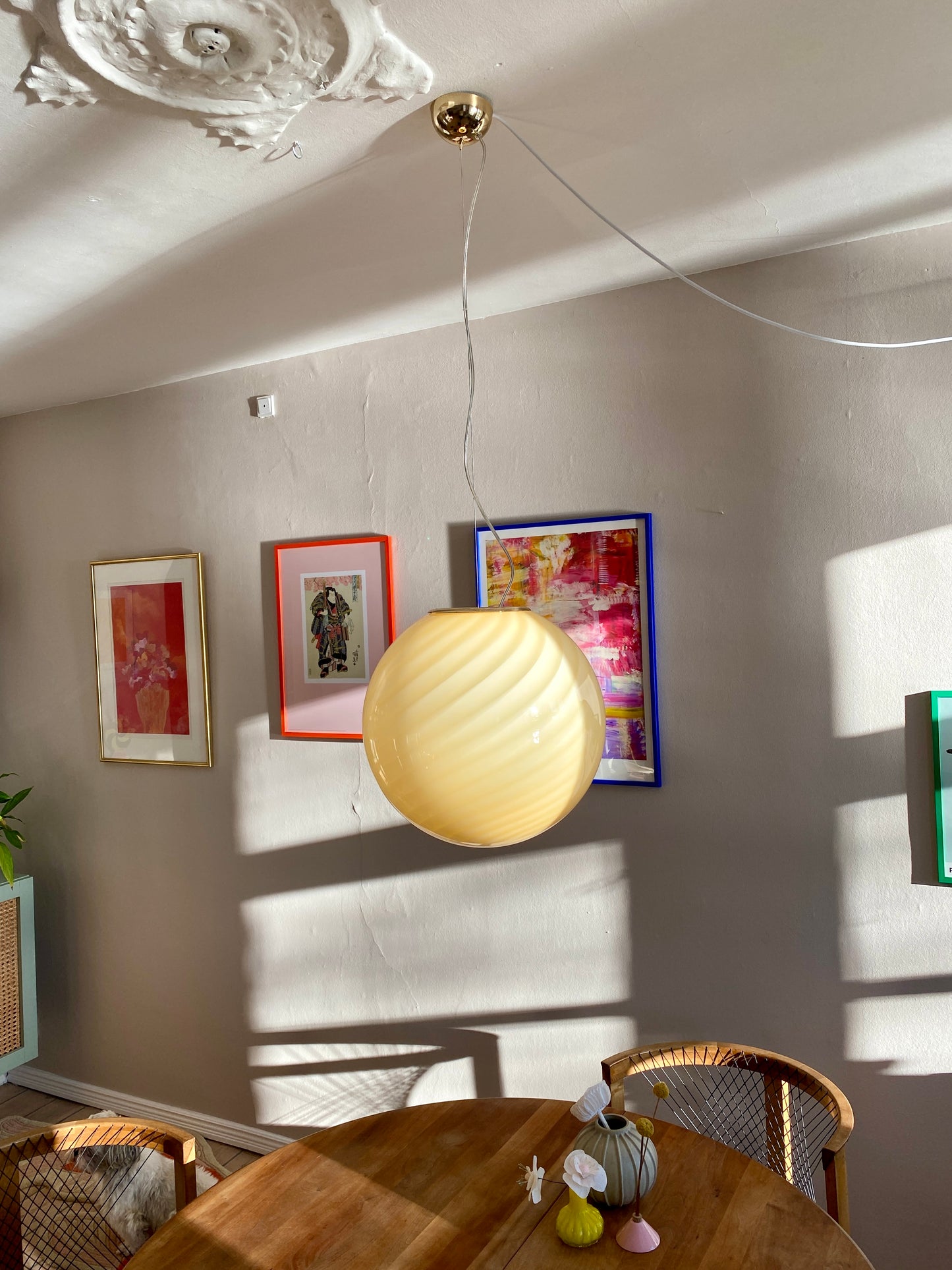 Murano loftslampe i gul swirl rigadin 40 cm
