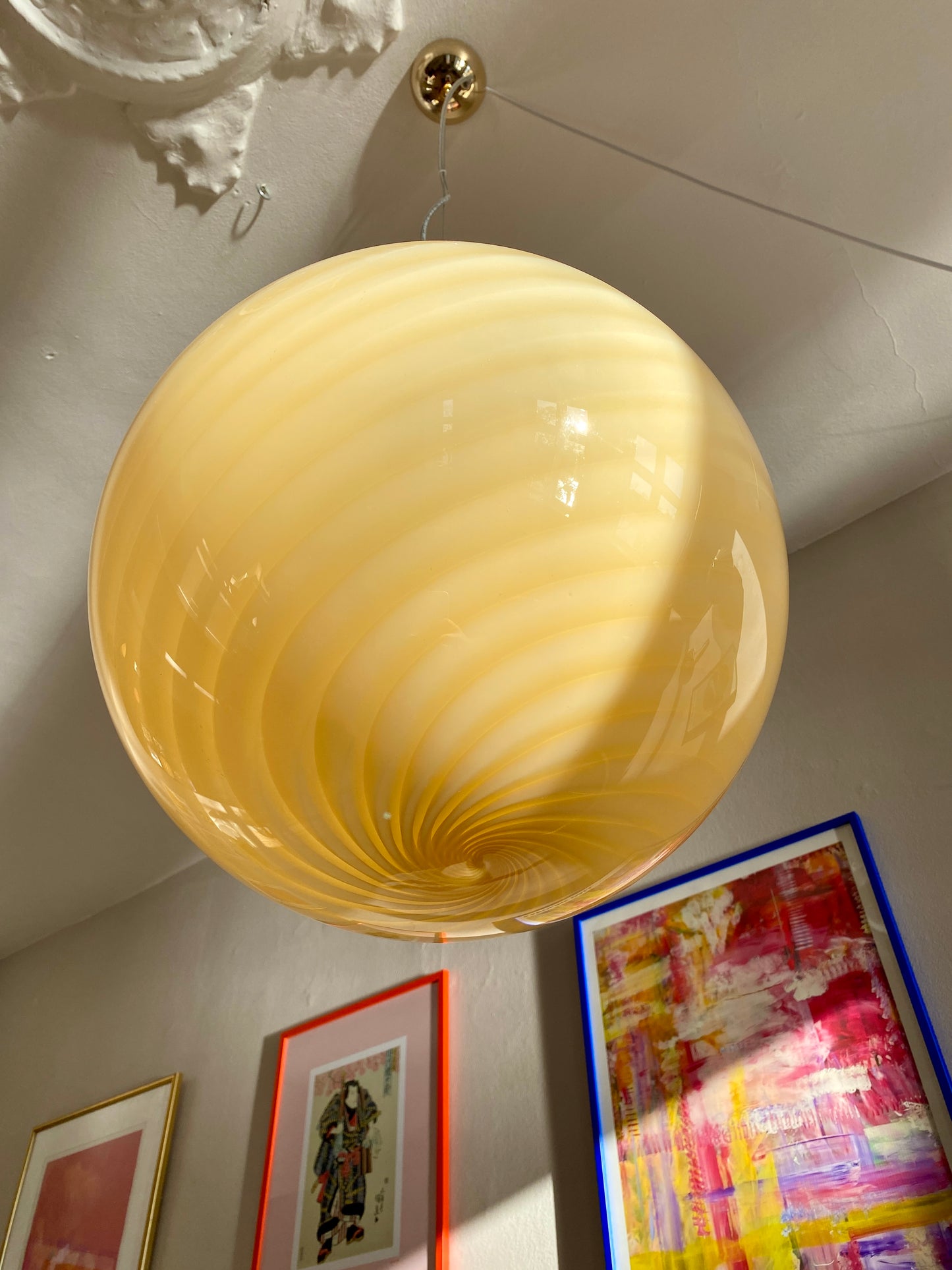 Murano loftslampe i gul swirl rigadin 40 cm