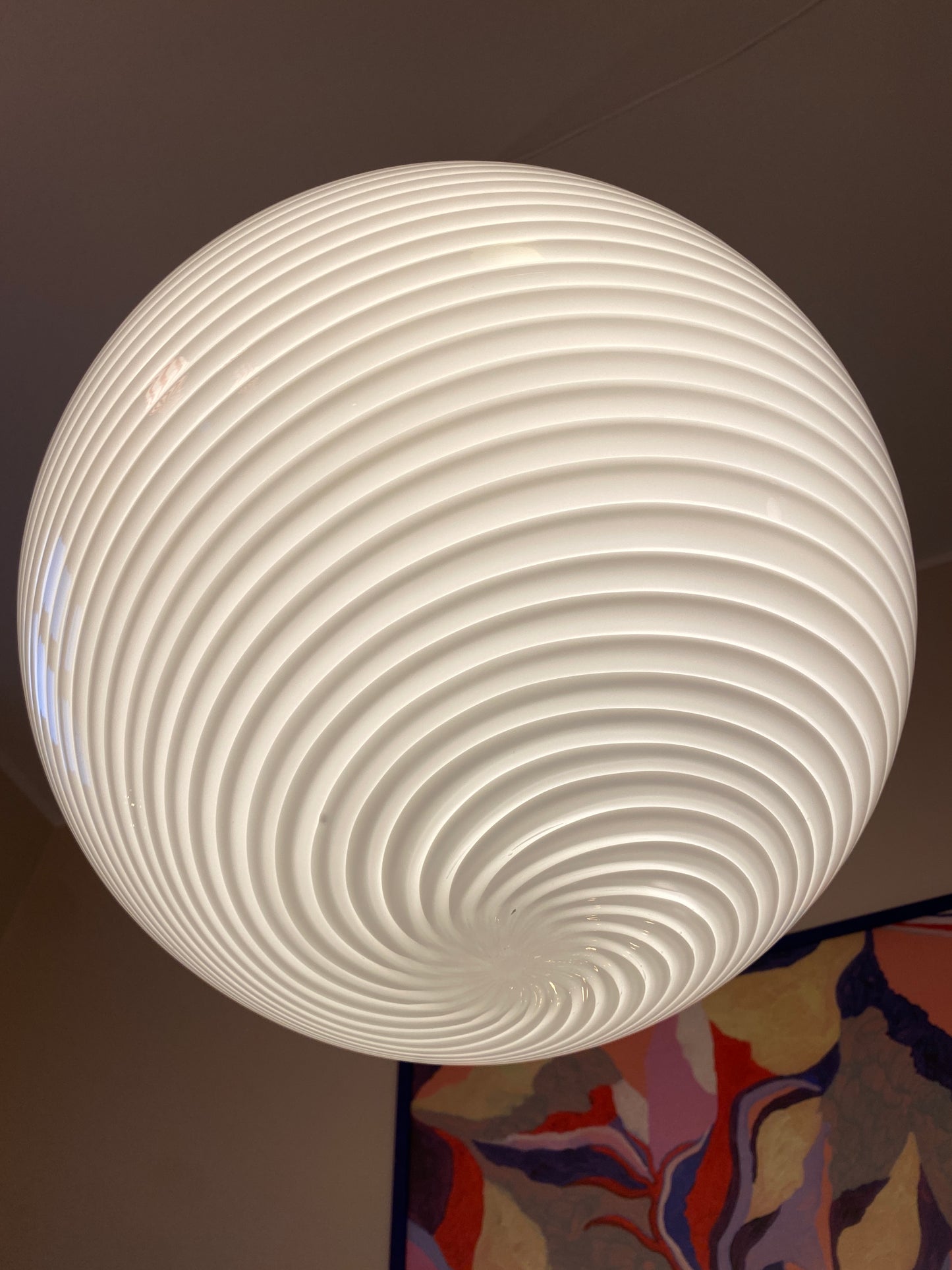Vintage kæmpe Murano loftslampe i hvid swirl 50 cm