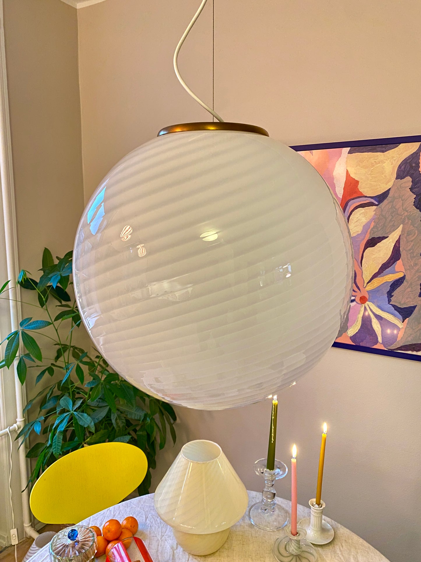 Vintage kæmpe Murano loftslampe i hvid swirl 50 cm