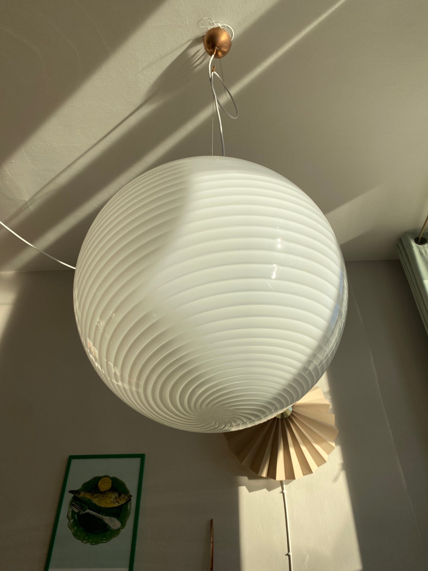 Vintage kæmpe Murano loftslampe i hvid swirl 50 cm