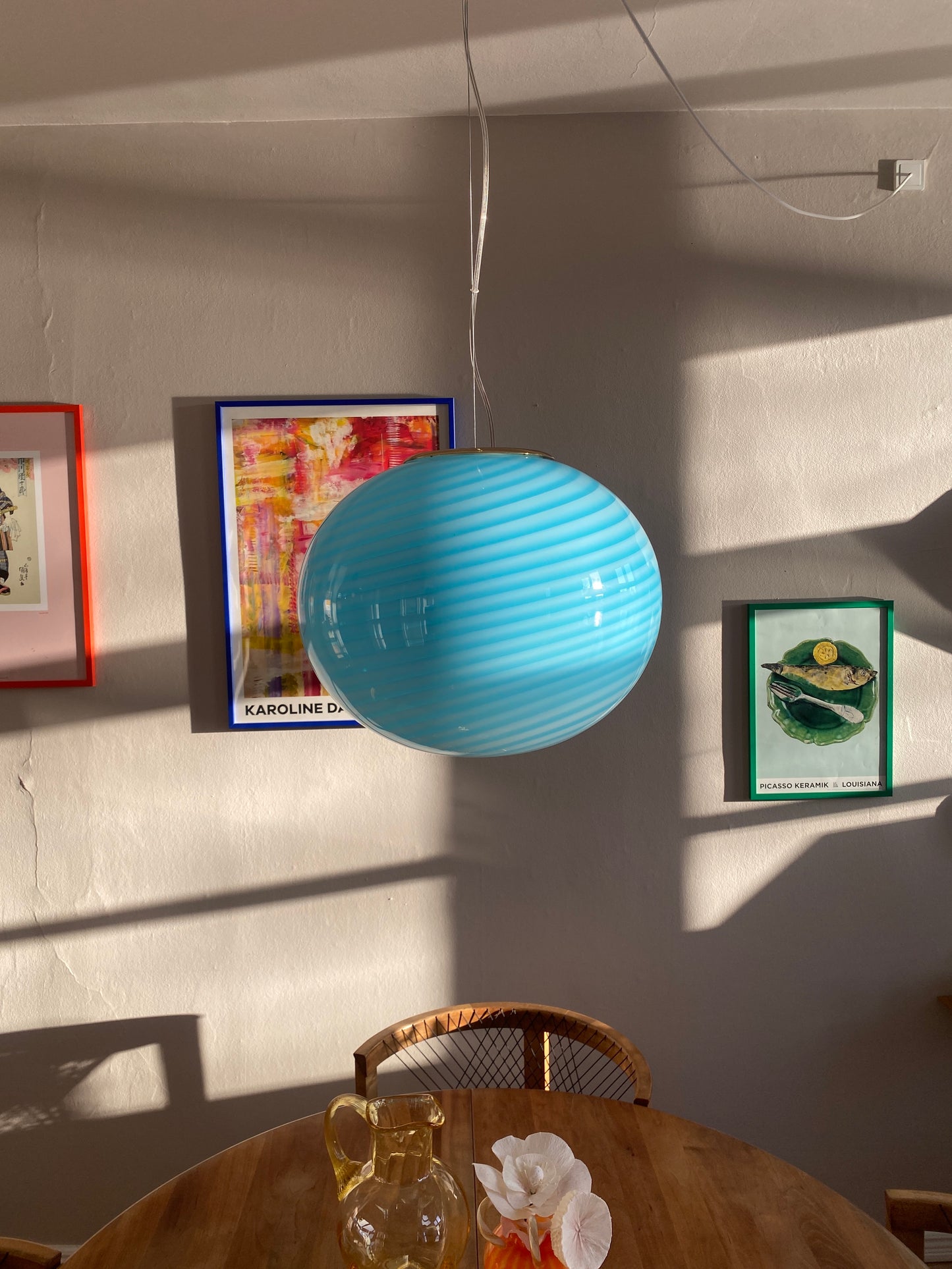 Murano loftslampe i babyblå farve med swirl rigadin i 40 cm