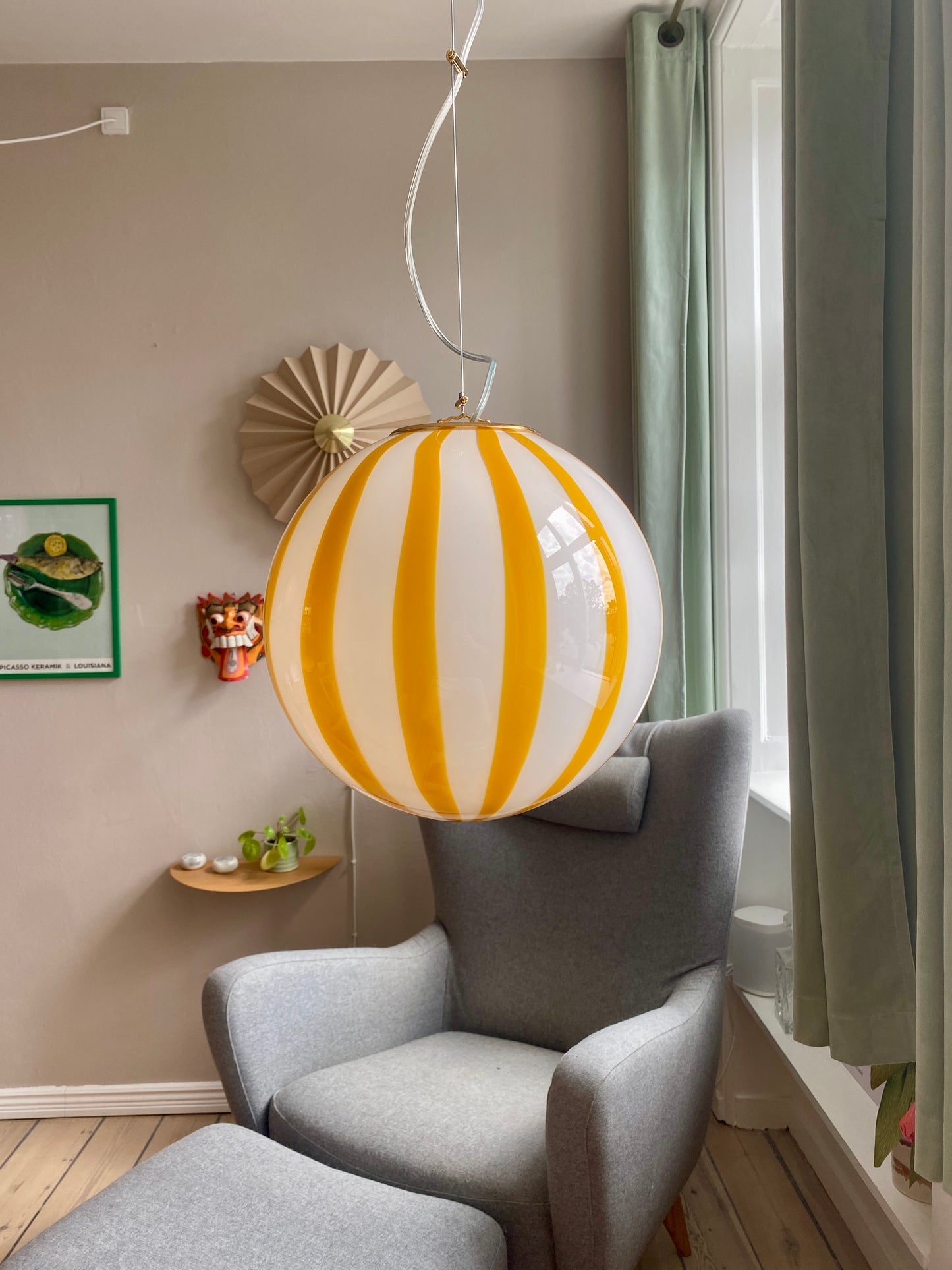 Murano loftslampe i amber gul med vertikale striber i 30 cm