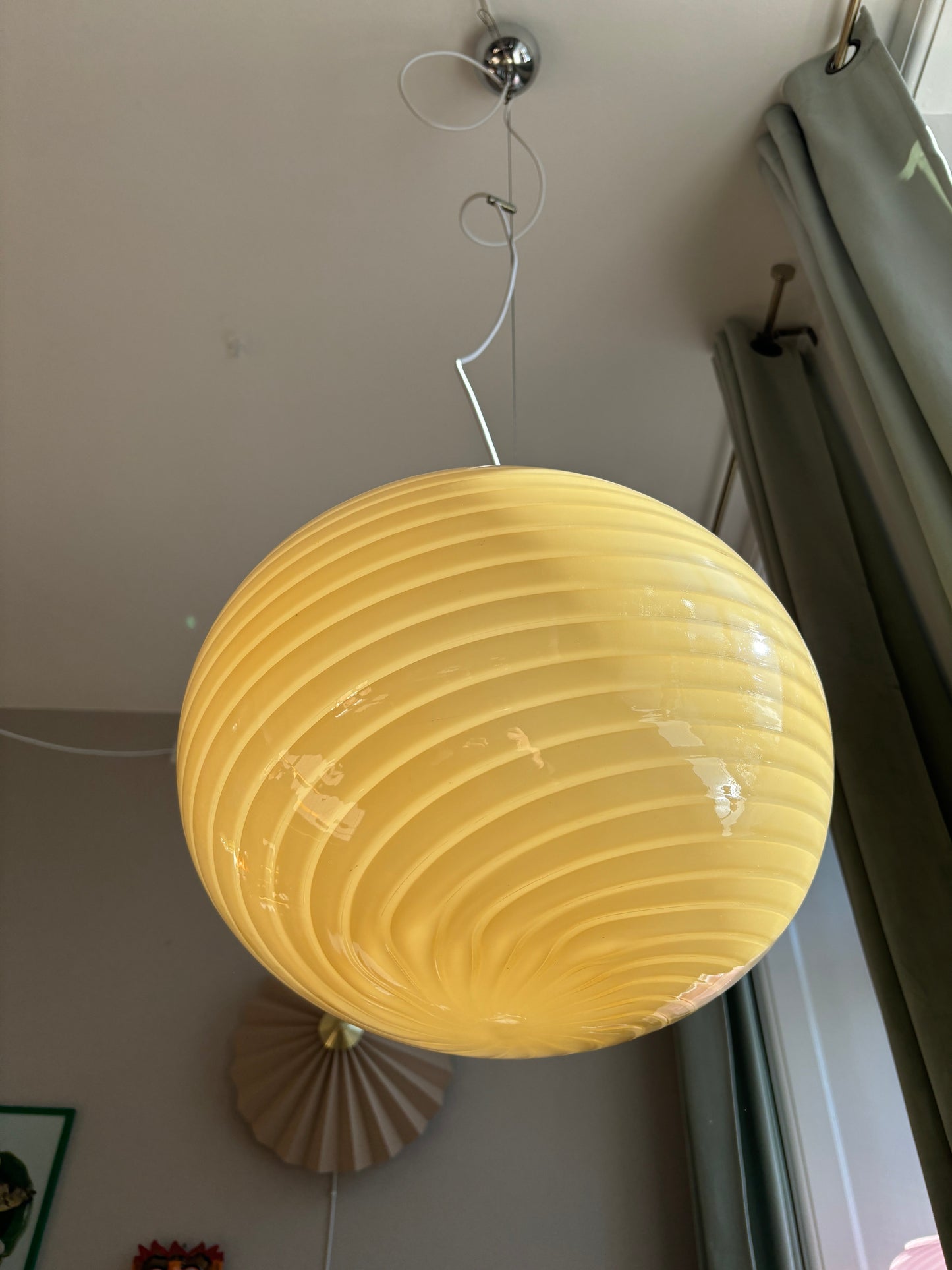 Vintage oval Murano loftlampe i gult swirl 40 cm