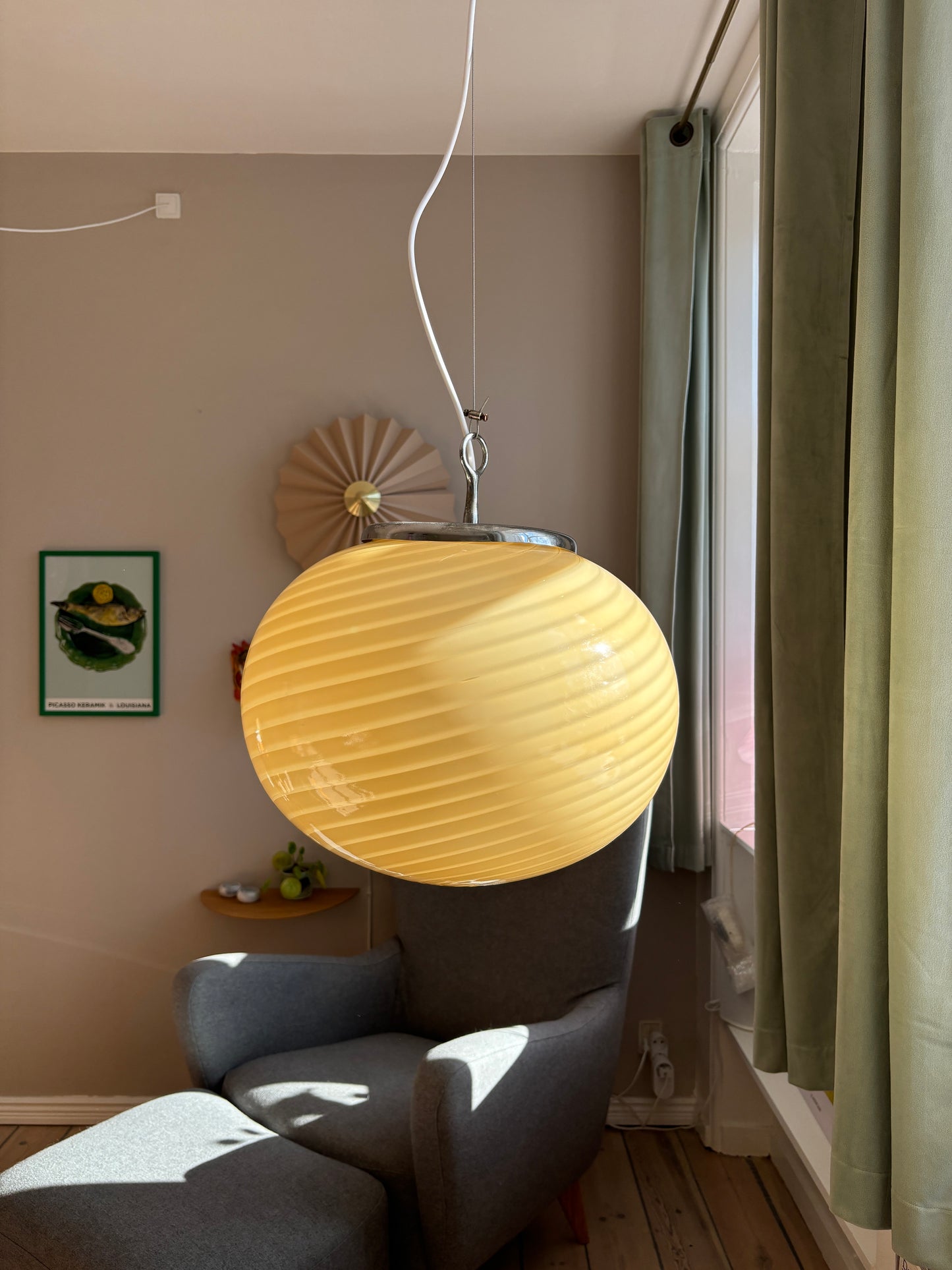 Vintage oval Murano loftlampe i gult swirl 40 cm