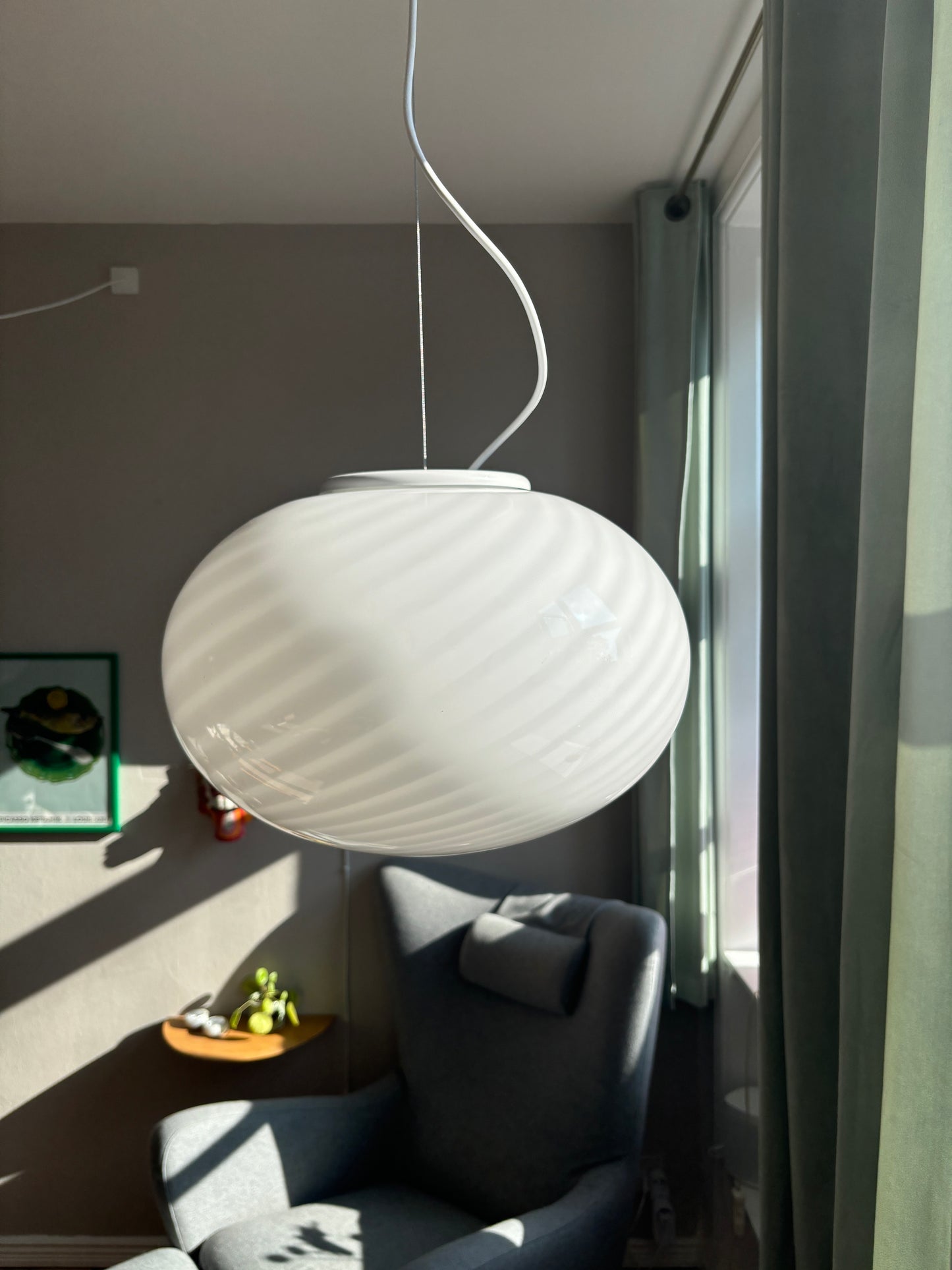 Vintage oval Murano loftlampe i hvid swirl 40 cm