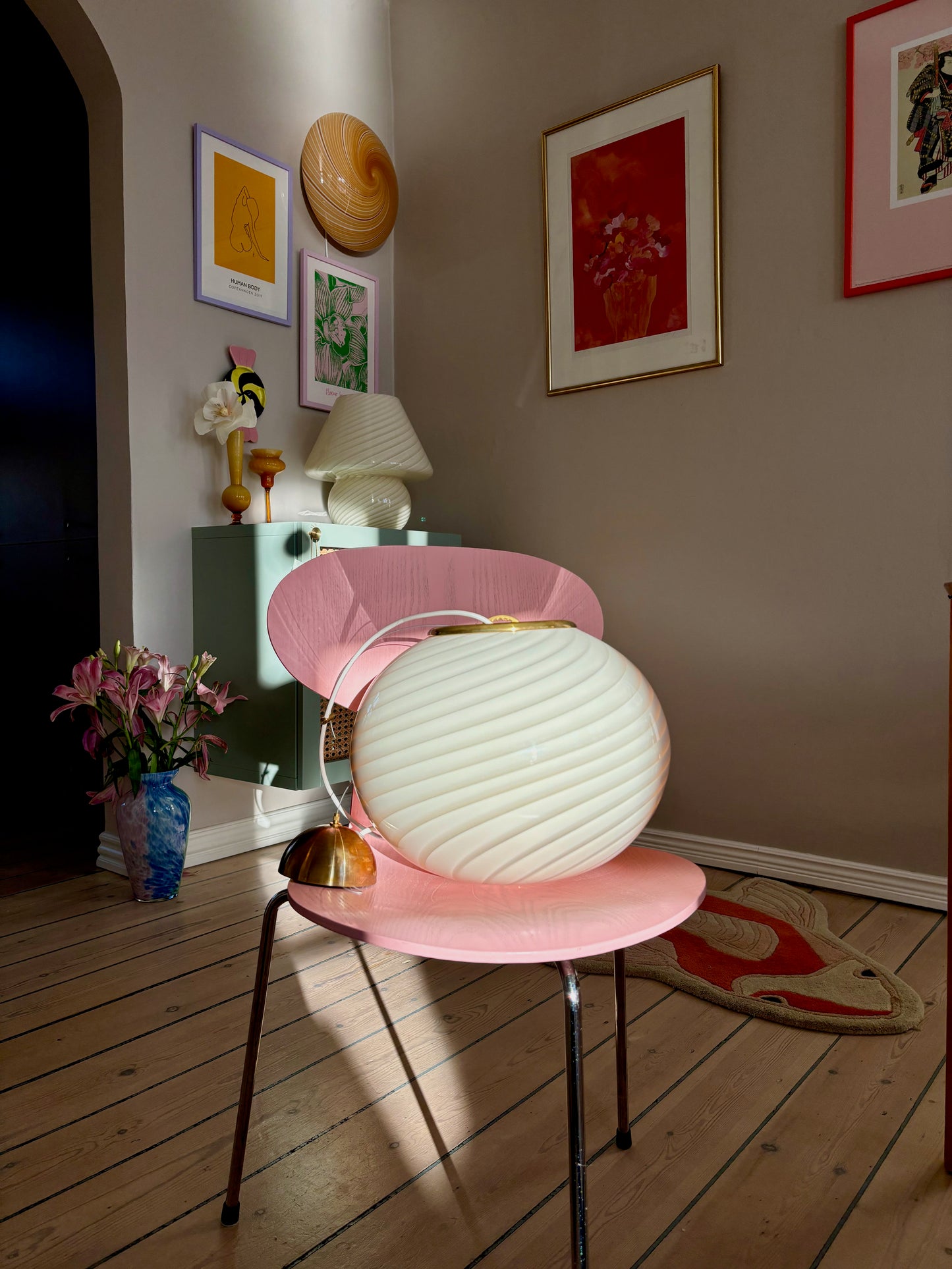 Oval Murano loftslampe i cremegul swirl 35 cm