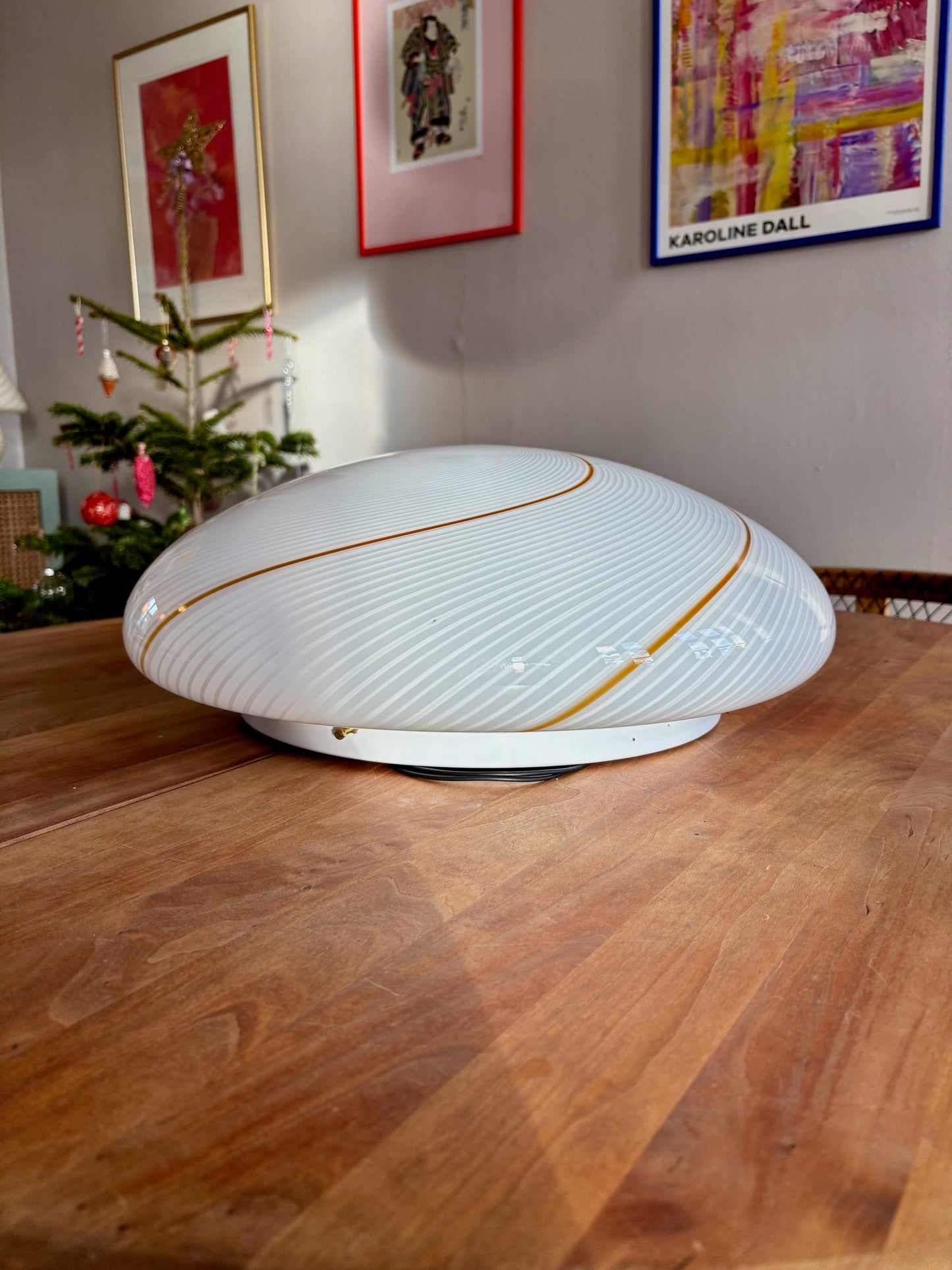 Vintage Murano plafond med hvid og gult swirl 50 cm