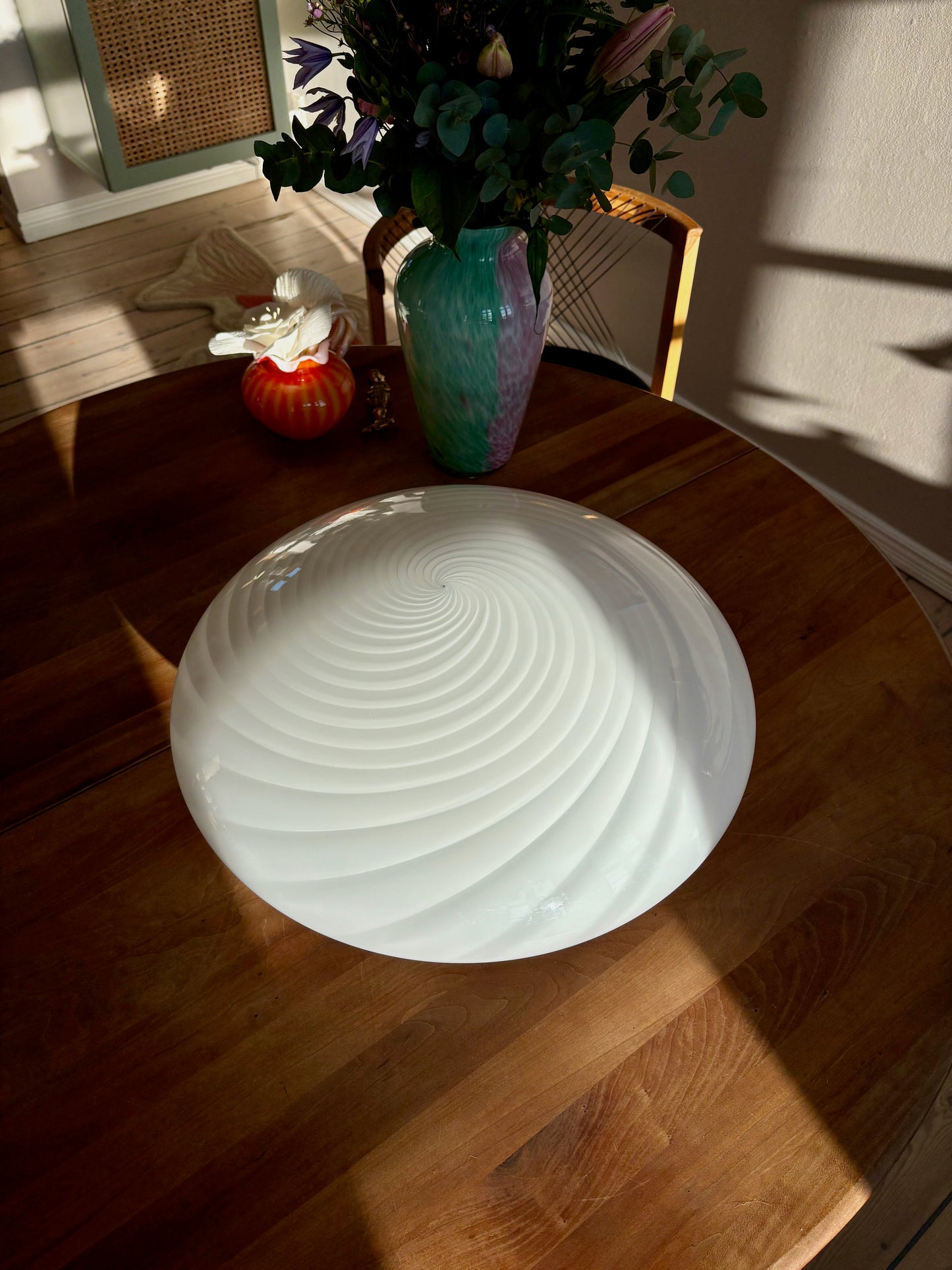 Kæmpe vintage Murano plafond i hvid swirl 50 cm
