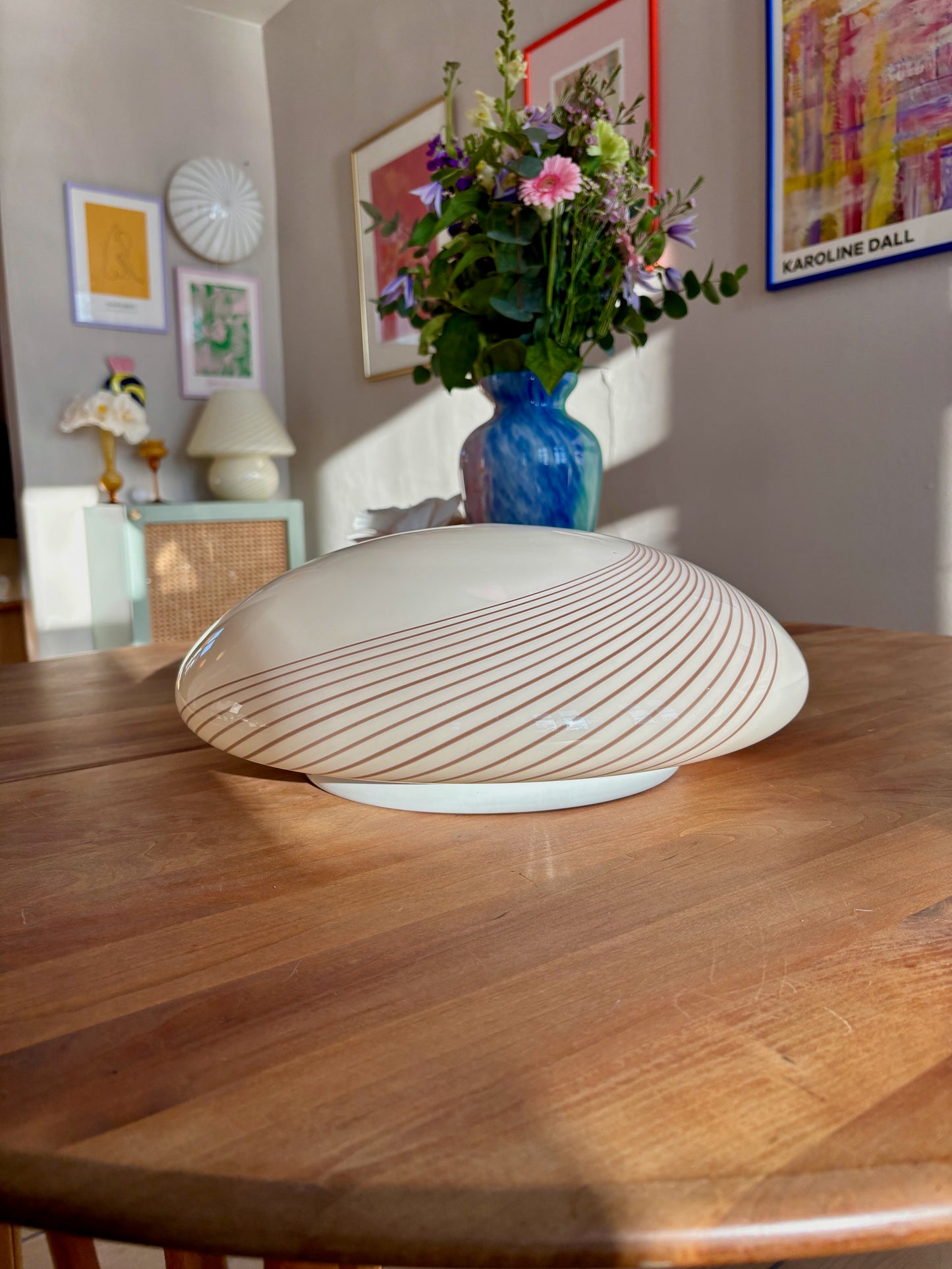 Vintage Murano plafond cremegul med rødbrunt swirl 38 cm