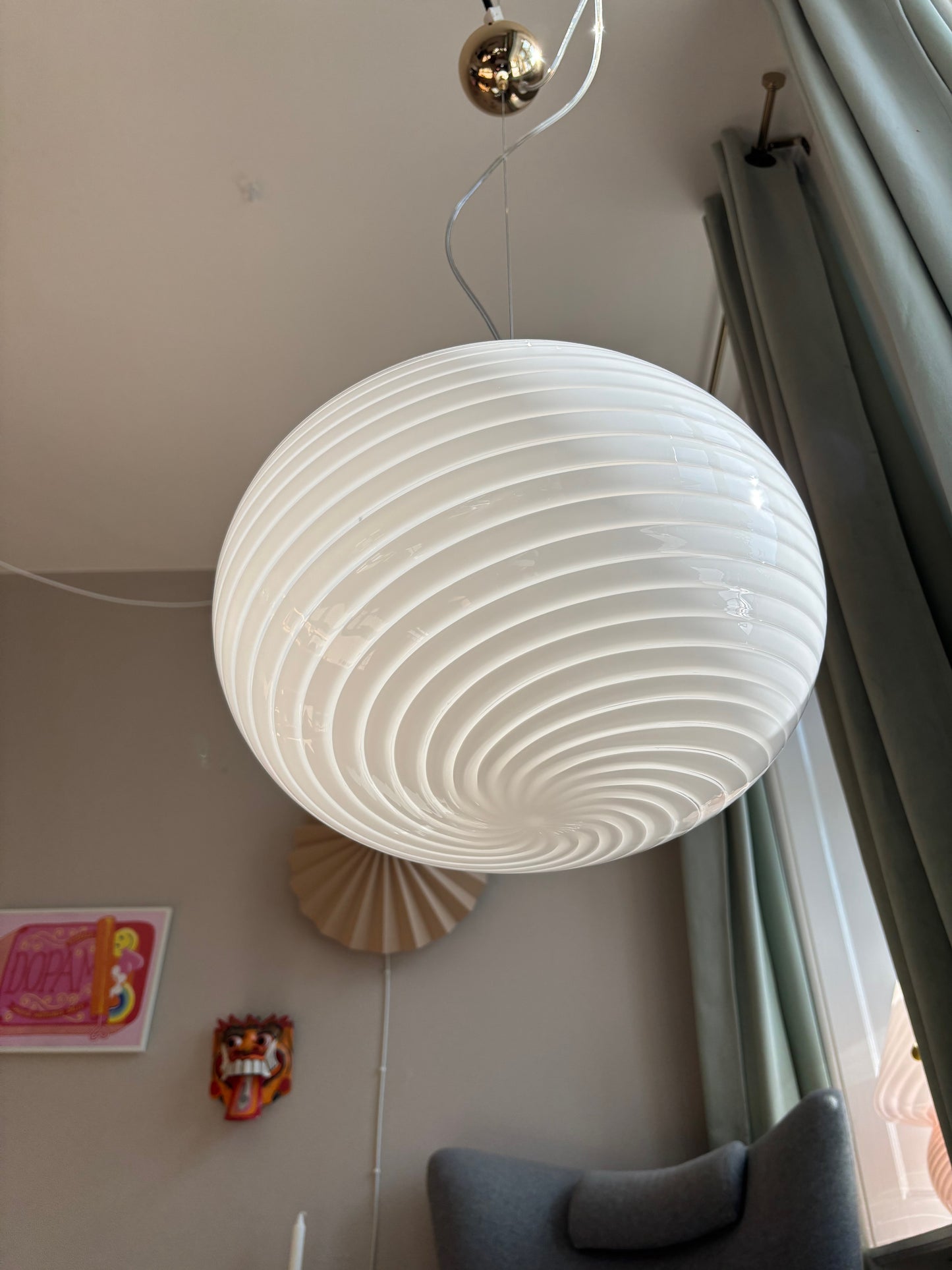 Vintage Murano De Majo pendel oval i hvid swirl 40 cm