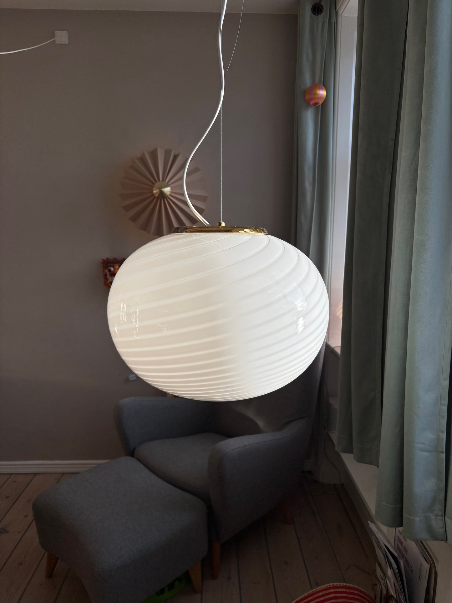 Vintage oval Effetre Murano loftslampe hvid swirl 45 cm