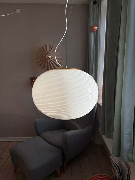 Vintage oval Effetre Murano loftslampe hvid swirl 45 cm