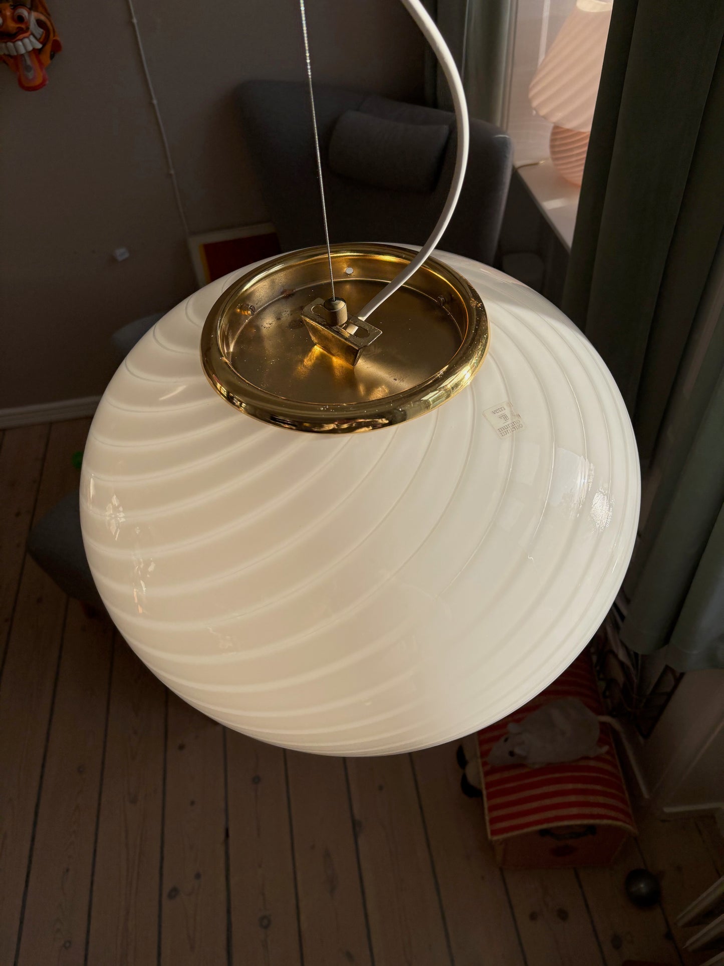 Vintage oval Effetre Murano loftslampe hvid swirl 45 cm