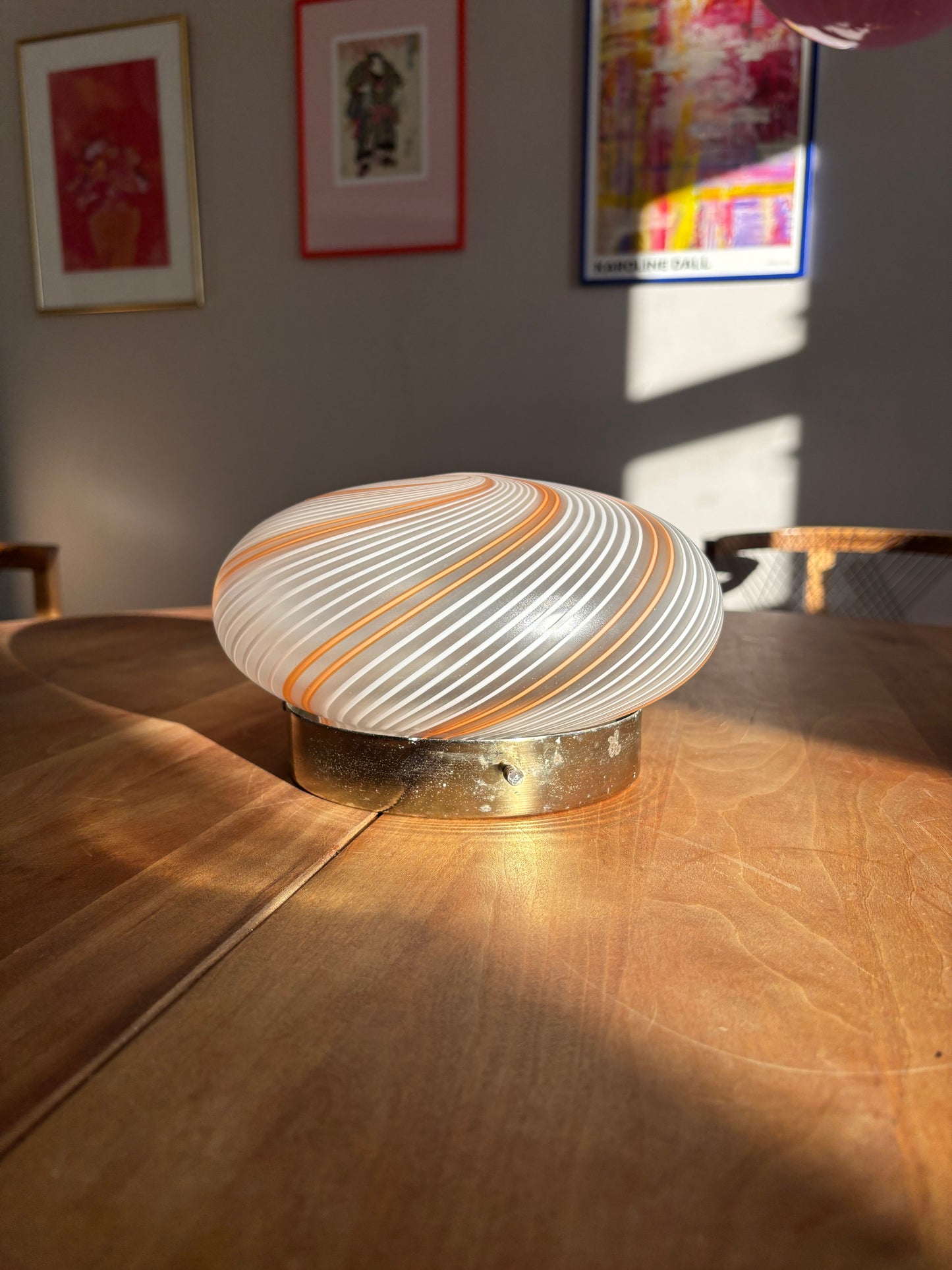 Vintage Murano plafond med hvidt og brunt swirl 23 cm