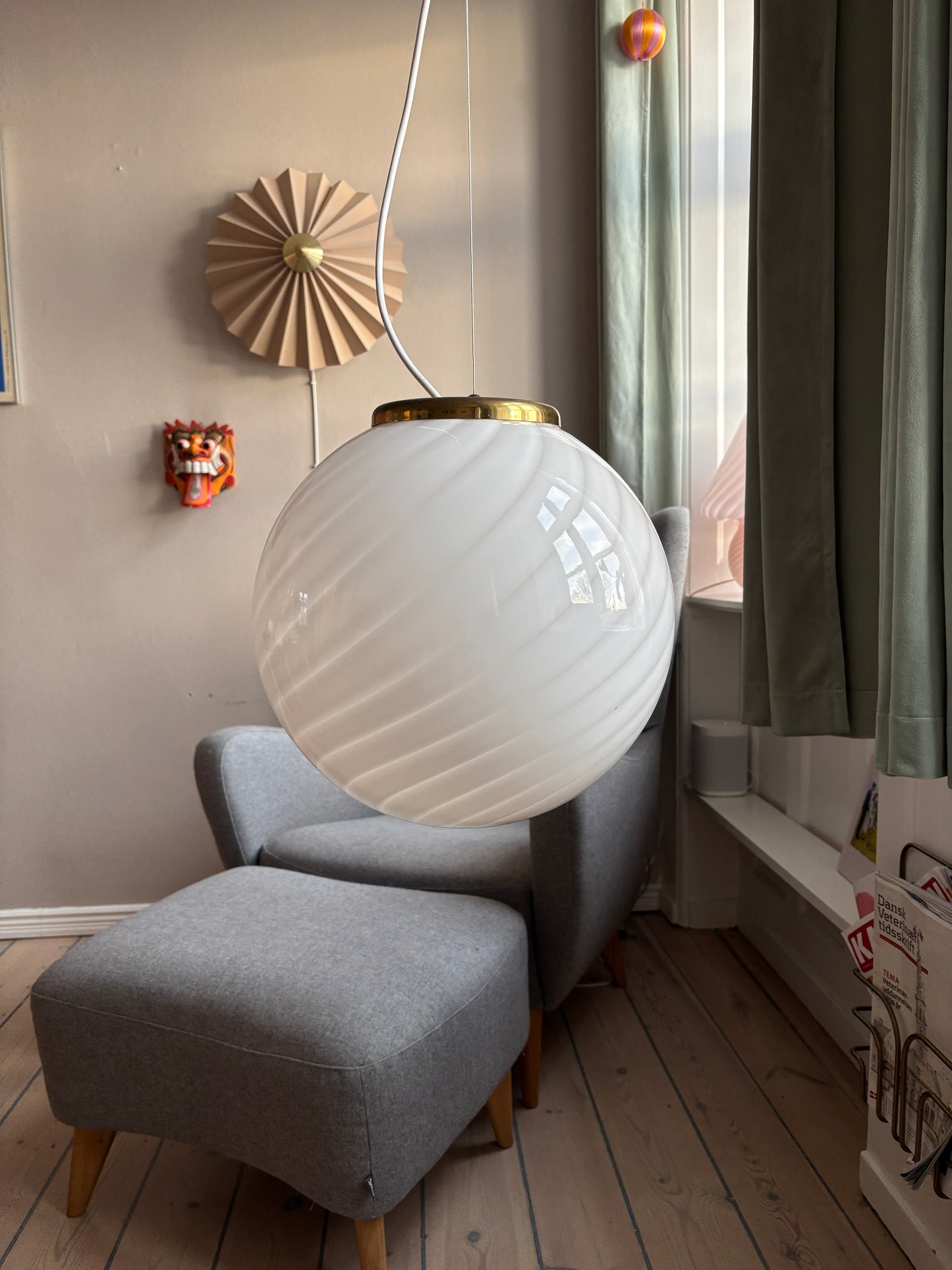 Vintage Murano pendel rund med hvidt swirl 35 cm Vetreria Lag S.R.L