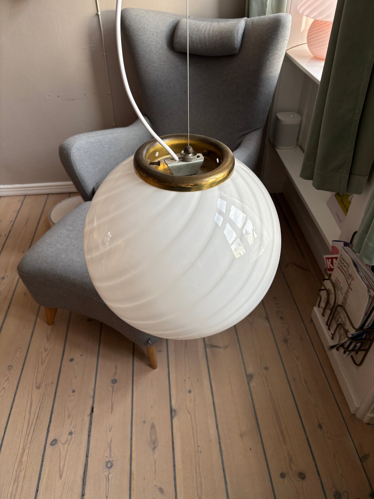 Vintage Murano pendel rund med hvidt swirl 35 cm Vetreria Lag S.R.L