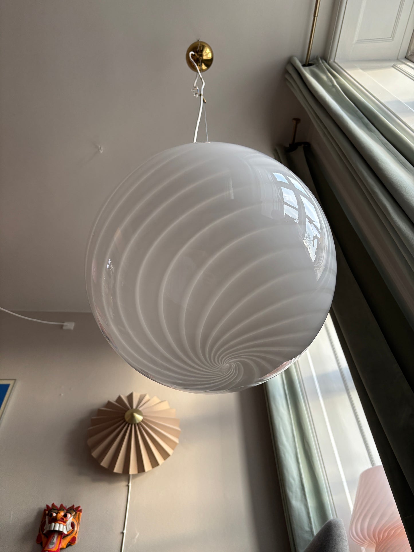 Vintage Murano pendel rund med hvidt swirl 35 cm Vetreria Lag S.R.L