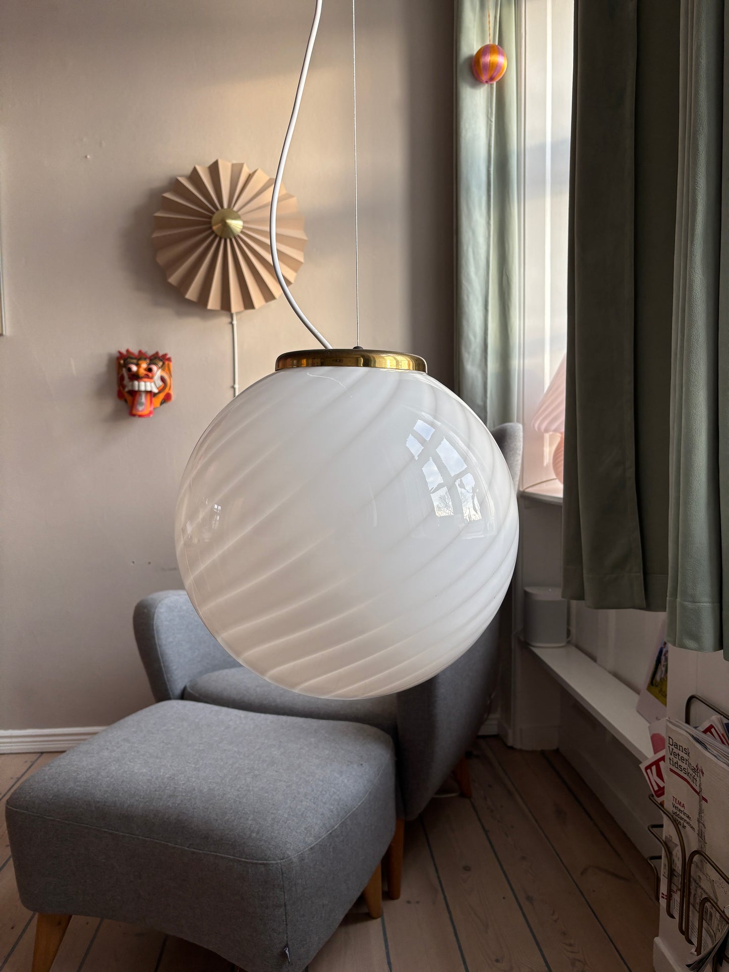 Vintage Murano pendel rund med hvidt swirl 35 cm Vetreria Lag S.R.L