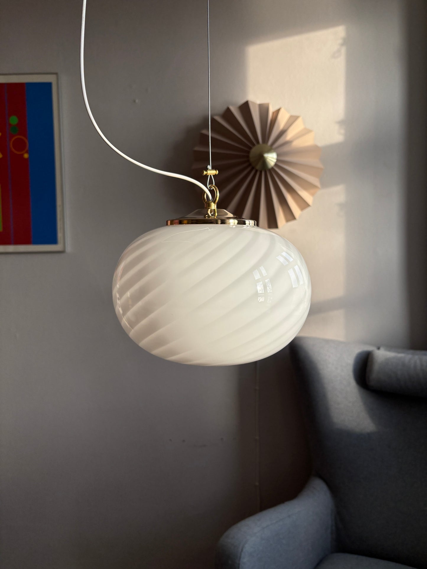 Vintage Murano pendel oval med hvidt swirl 22 cm