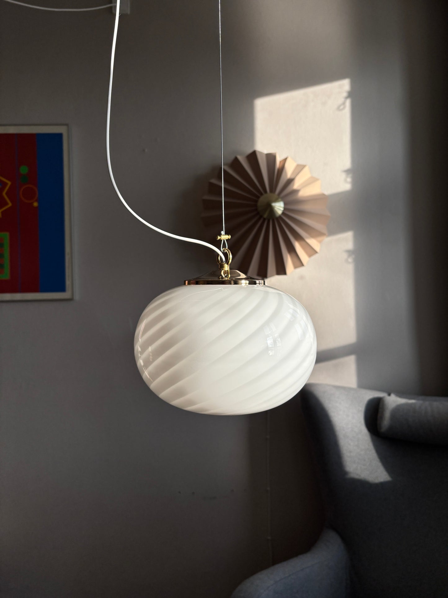 Vintage Murano pendel oval med hvidt swirl 22 cm