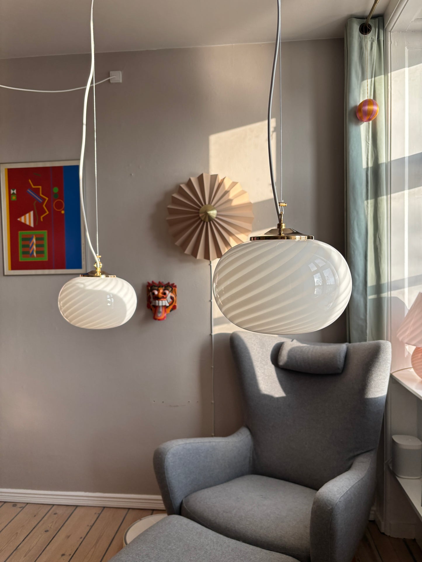 Vintage Murano pendel oval med hvidt swirl 22 cm