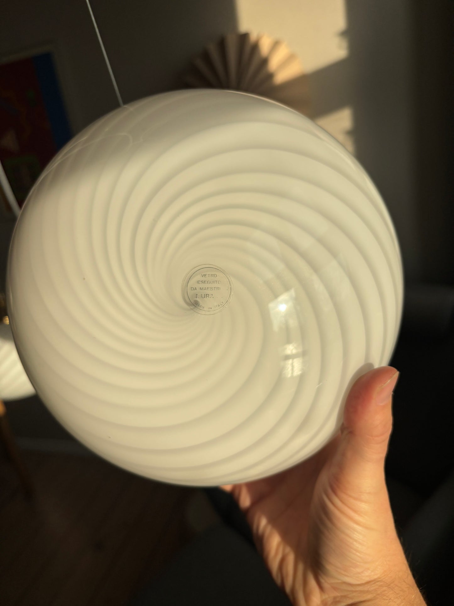 Vintage Murano pendel oval med hvidt swirl 22 cm