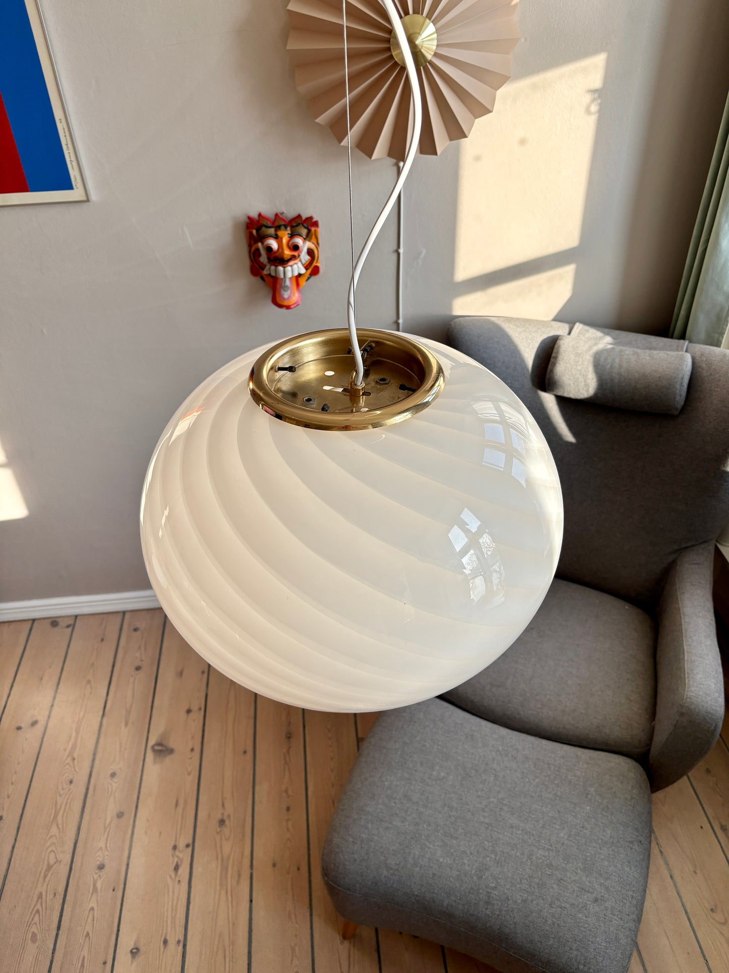 Vintage oval Murano pendel i hvid swirl 45 cm