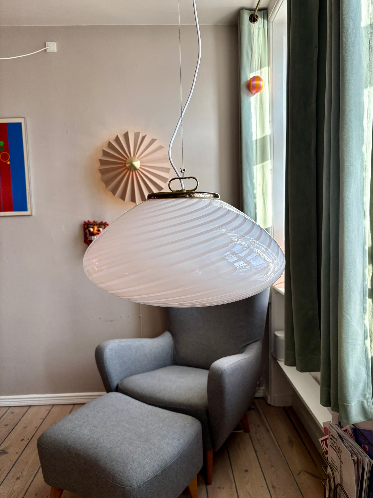 Vintage Murano pendel oval i lyserødt swirl 50 cm