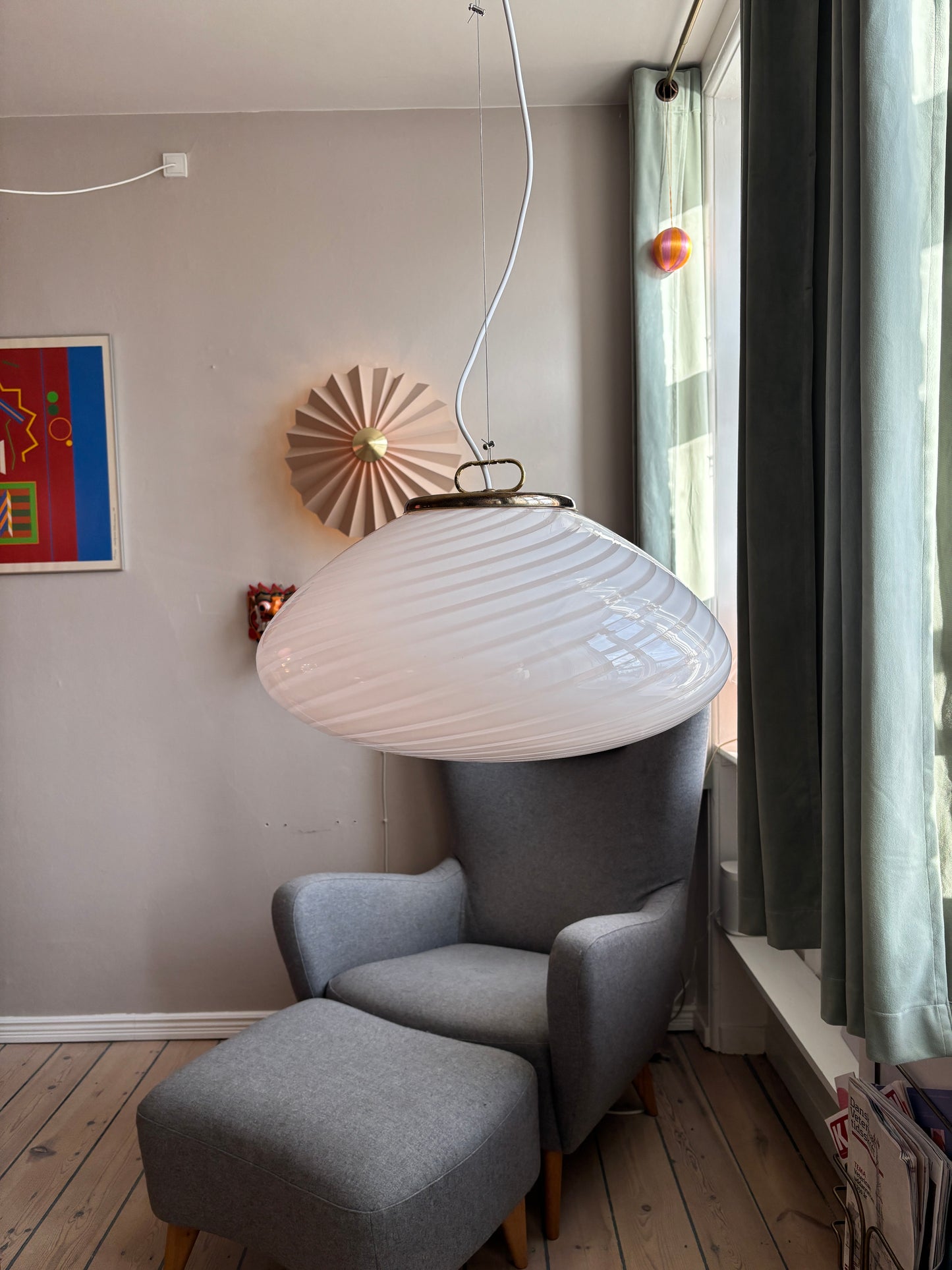 Vintage Murano pendel oval i lyserødt swirl 50 cm